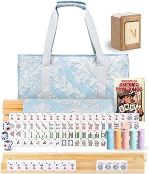 MUTEX American Mahjong Game Set, 166 Premium Mahjong Tile Set with Waterproof Iced Blue Carrying Bag, Western Mahjong Set with 4-Piece Natural New Zealand Wood Racks/Pushers