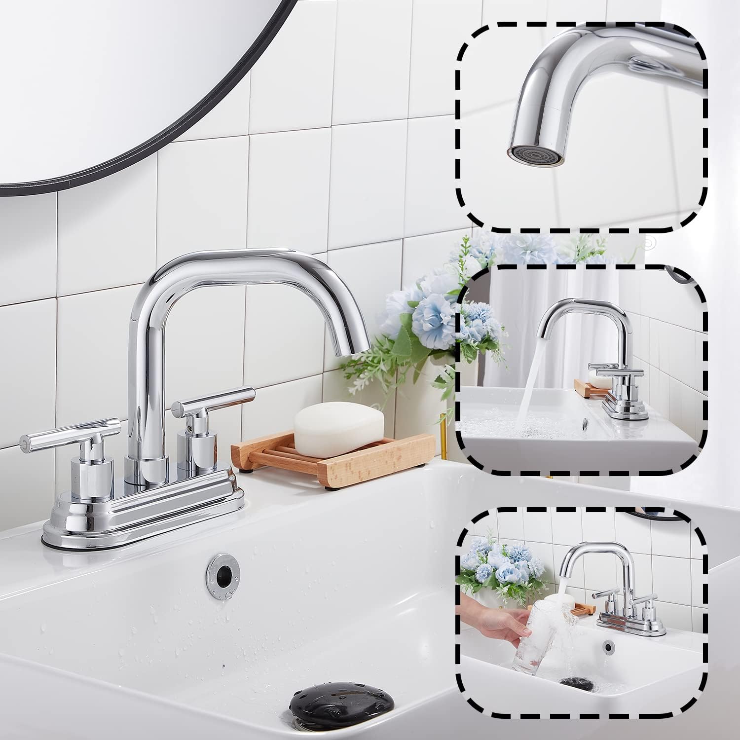 Super Big Clearance! 2 Handles Bathroom Faucet GGStudy Chrome Bathroom Sink Faucet 4 Inches Centerset Bathroom Vanity Faucet with Drain Assembly and Supply Hose Lavatory Faucet Mixer Double Handle Tap Deck Mounted