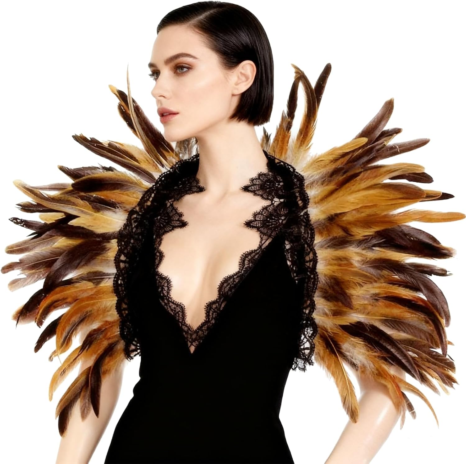 L'VOW Gothic Natural Feather Cape Shawl Shoulder Wrap Lace Collar Halloween Evil Queen Costumes for Women - Image 3