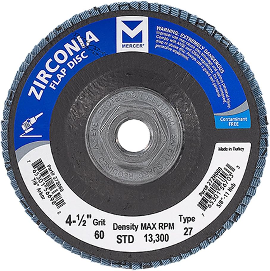 Mercer Industries 272H060 Zirconia Flap Disc, Type 27, 4 1/2 x 5/8 11 Thread, Grit 60, 10 Pack