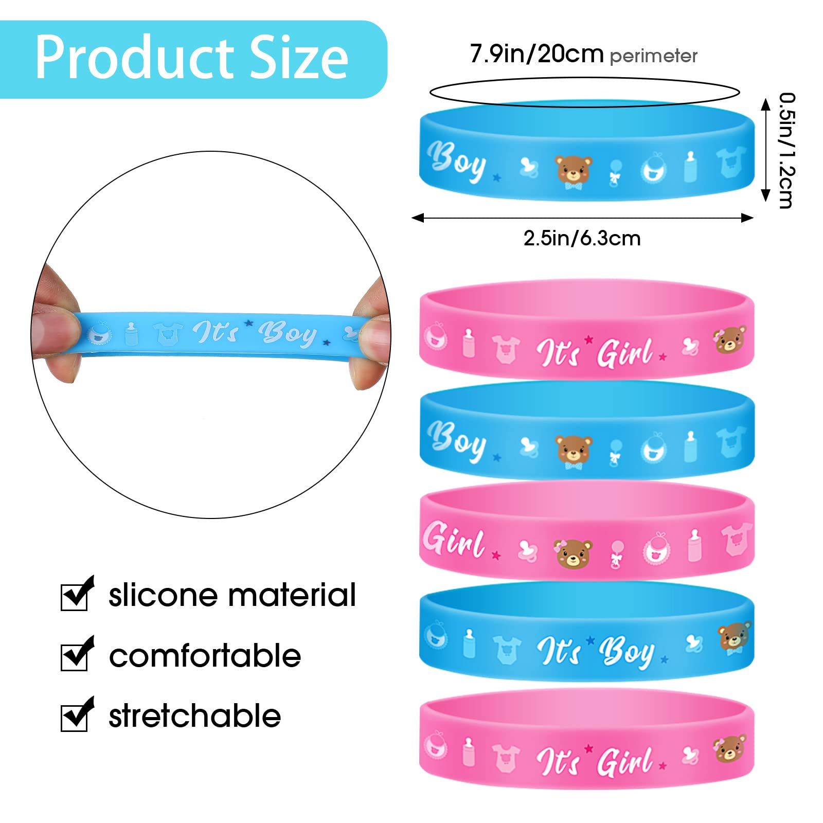 Set 48 Pezzi Per Gender Reveal - 24 Spille E 24 Braccialetti Team Boy/Girl, Per Baby Shower - Foto 5