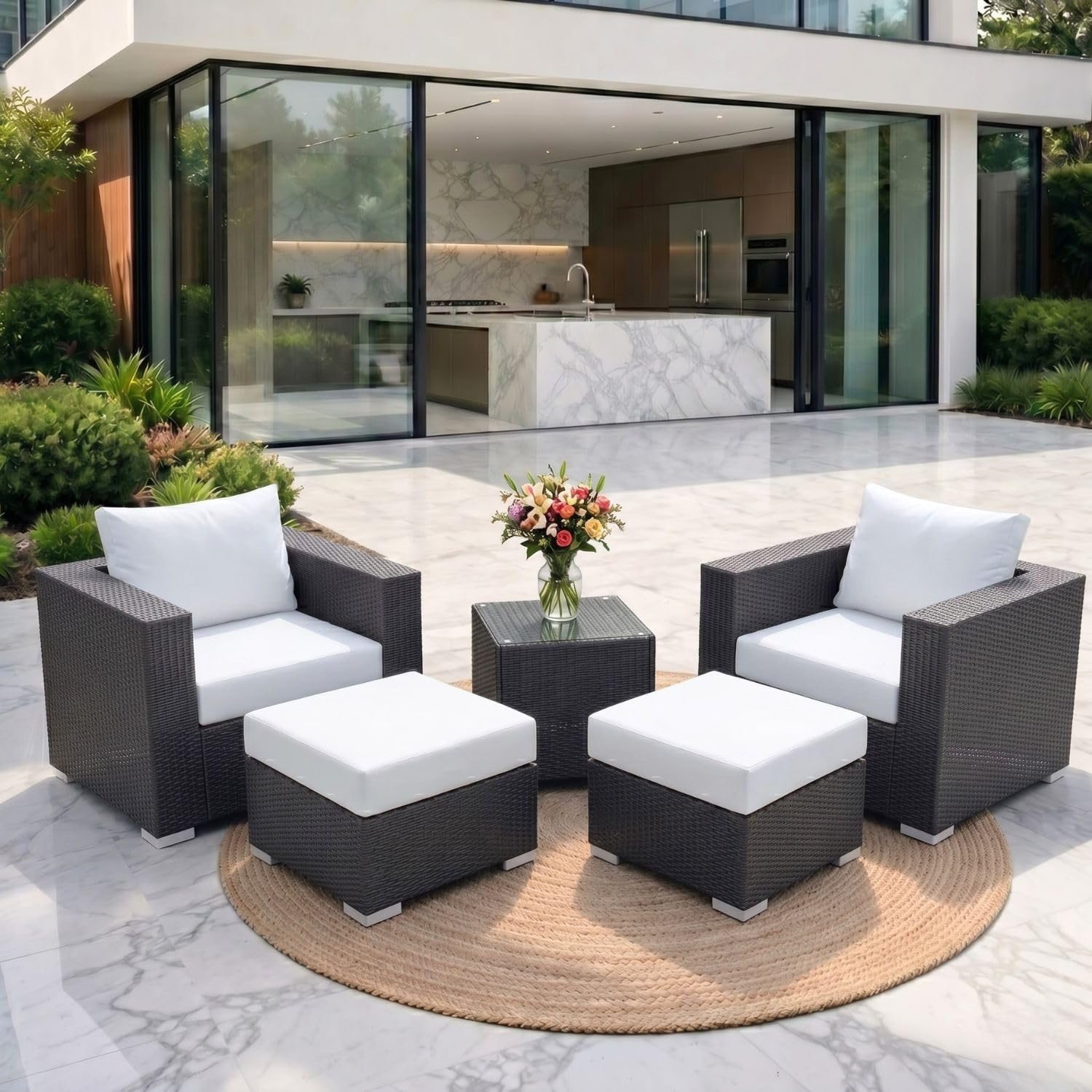 DEVOKO Patio Furniture Outdoor Sectional HDPE Rattan Wicker Sofa Conversation Set Outside Couch with Ottoman, Table and Cushions for Porch, Lawn, Garden, Backyard (Dark Brown and White)