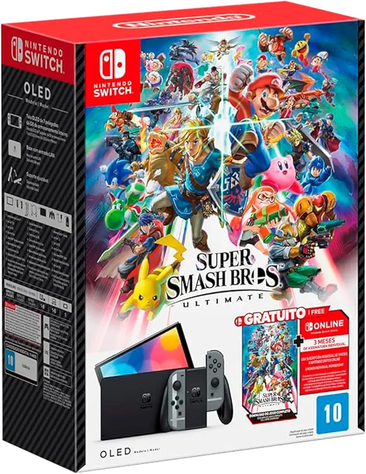 Nintendo, Console + Jogo, Switch OLED Cinza, Jogo Digital Super Smash Bros Ultimate Digital + 3 Meses Assinatura Nintendo Switch Online