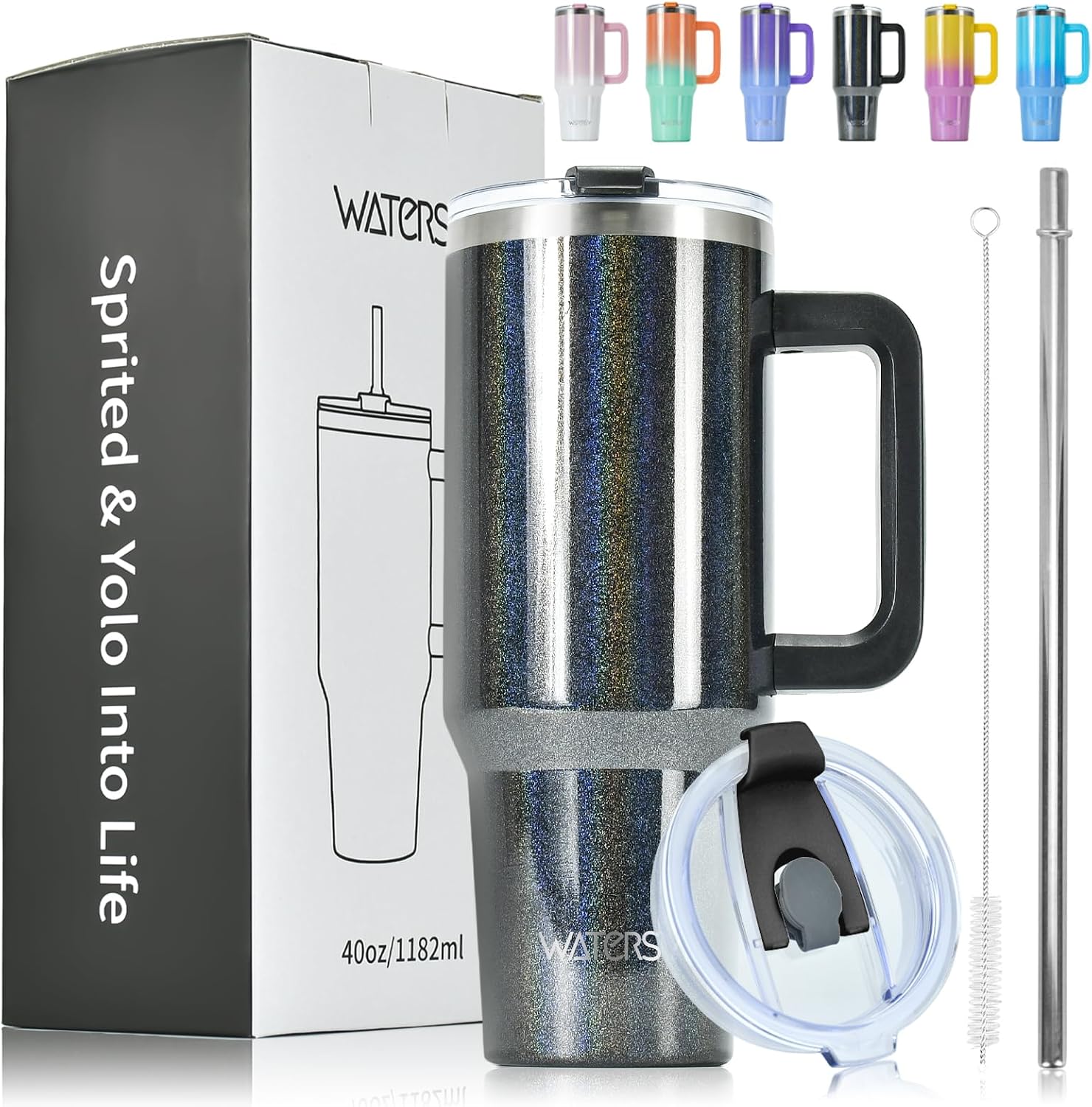 WATERSY 40 oz Coffee Mug to Go Thermal Mug Double-Walled Stainless Steel Vacuum Leak-Proof Drinking Cup with Handle and Straw Thermal Tumbler Black Glossy