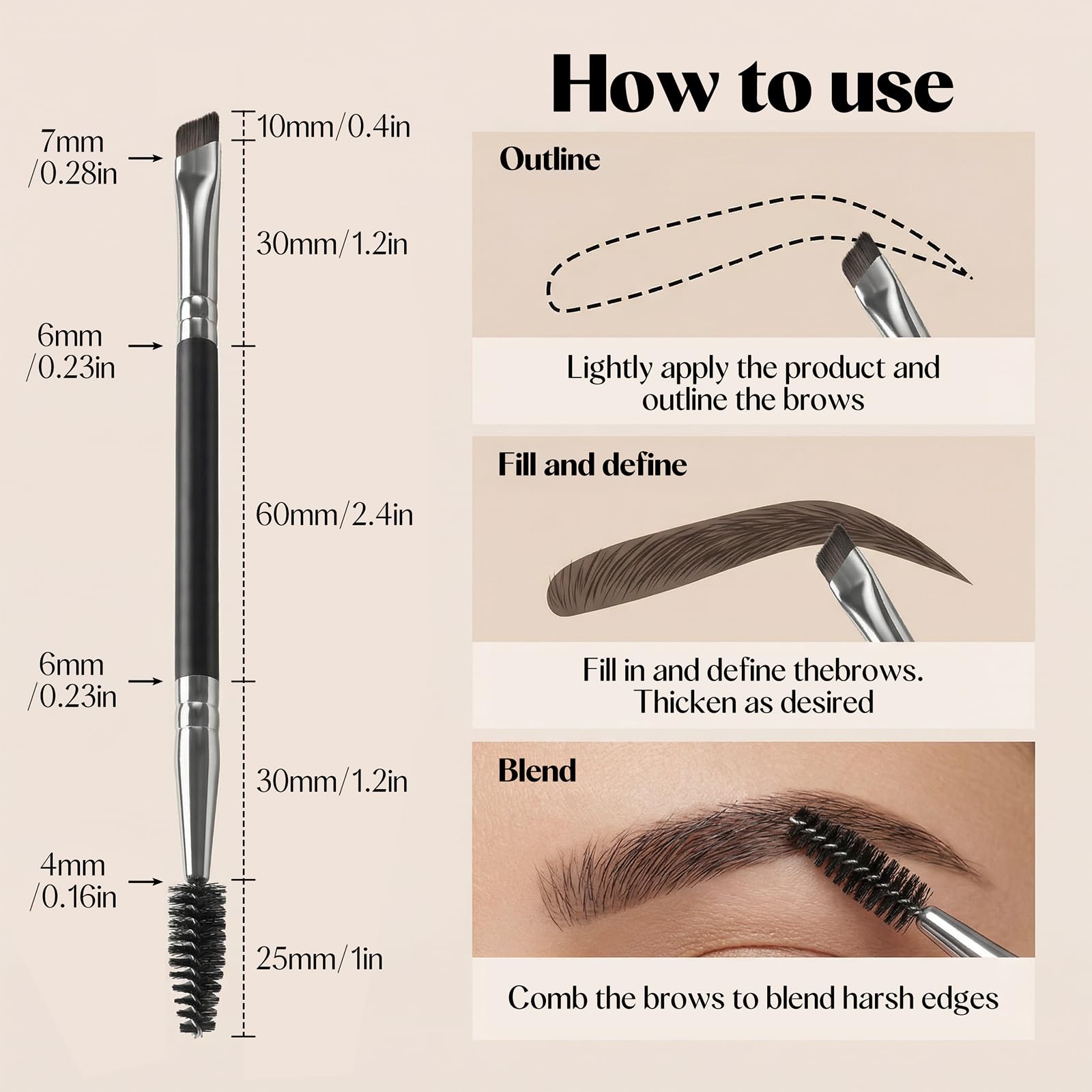 Pędzel do brwi z podwójną końcówką, kątowy pędzel do brwi i eyeliner do precyzyjnego nakładania makijażu (czarny)