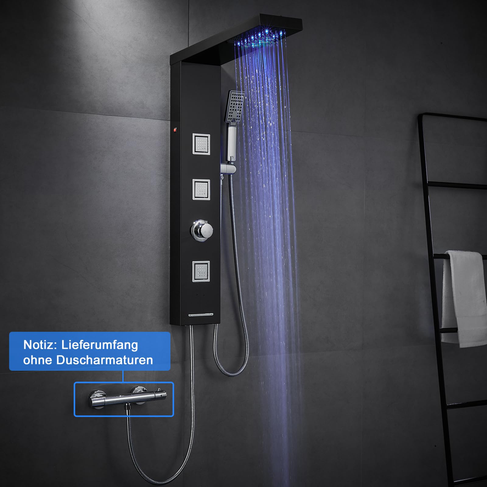 Panel de ducha LED sin grifo, 4 funciones, panel de ducha con ducha de lluvia LED, 3 chorros de masaje, ducha de mano y entrada de bañera, columna de ducha de acero inoxidable 304, color