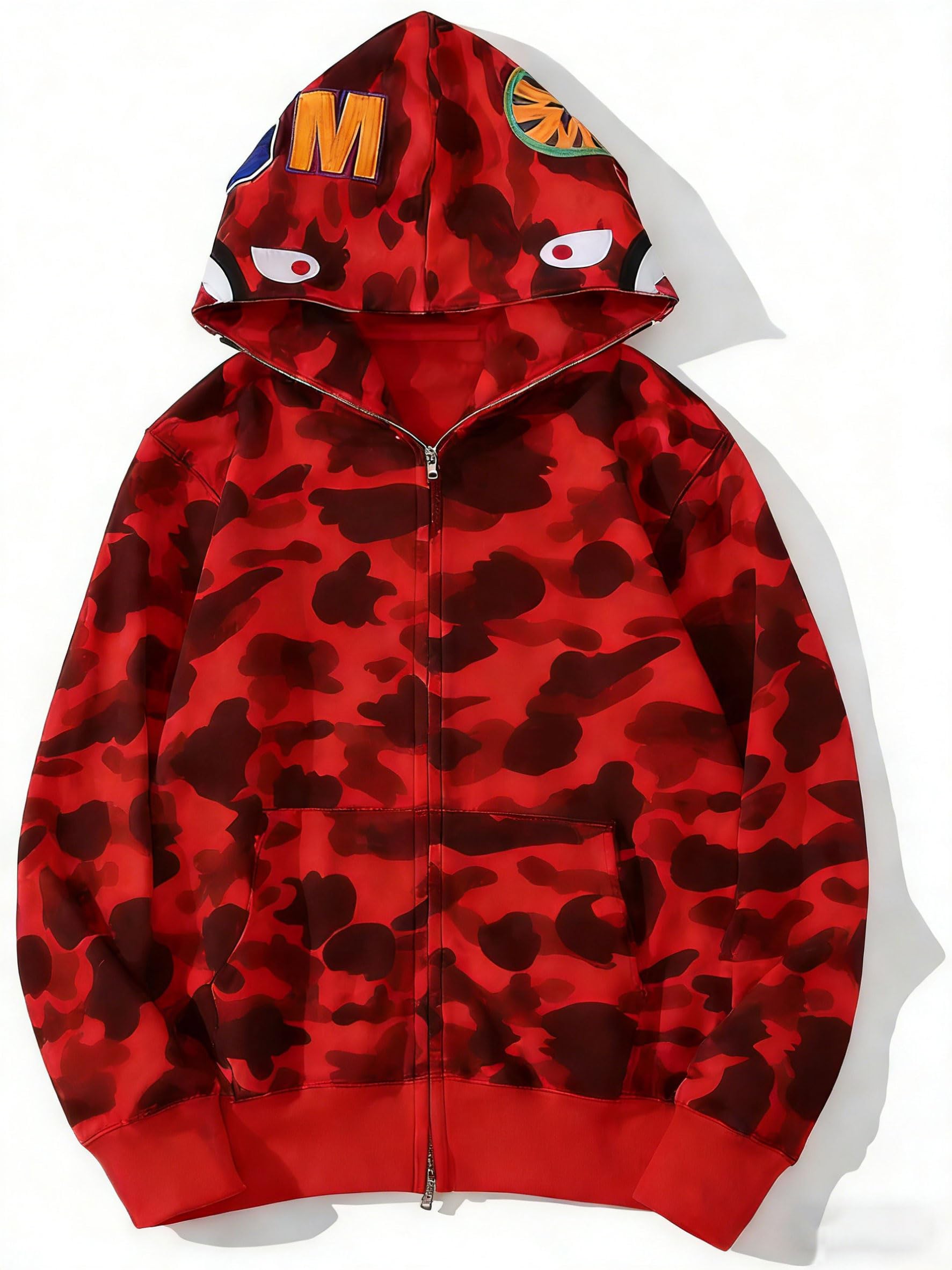 Unisex Camouflage Hoodie with Shark Embroidery, Full Zip, Lightweight Couple sweatshirts heavyweight hoodie