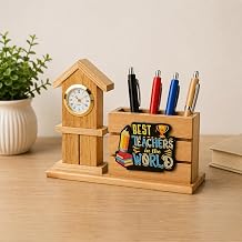 Teachers Day Gift Items Wooden Pen Stand with Clock, Desk Organizer & Holder for Table, Best Teacher Appreciation Gift for Office Decor