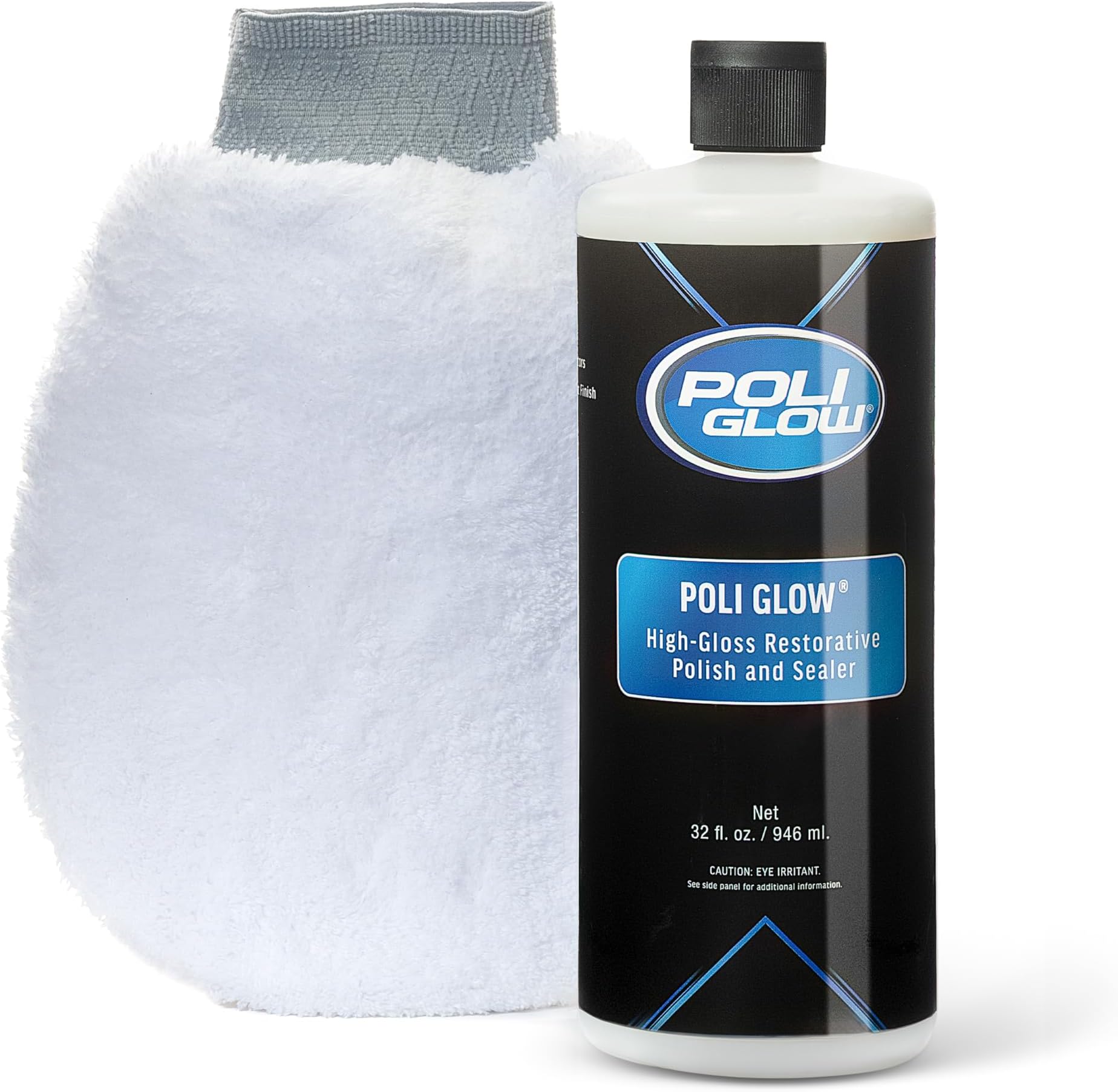 Poli Glow Boat & RV Polish Kit with Applicator Mitt - 32 oz High-Gloss Fiberglass Polish for Boats and RVs - Easy to Apply, Long-Lasting Shine - Hydrophobic Boat Cleaner - UV Protection - 2-in-1 Kit