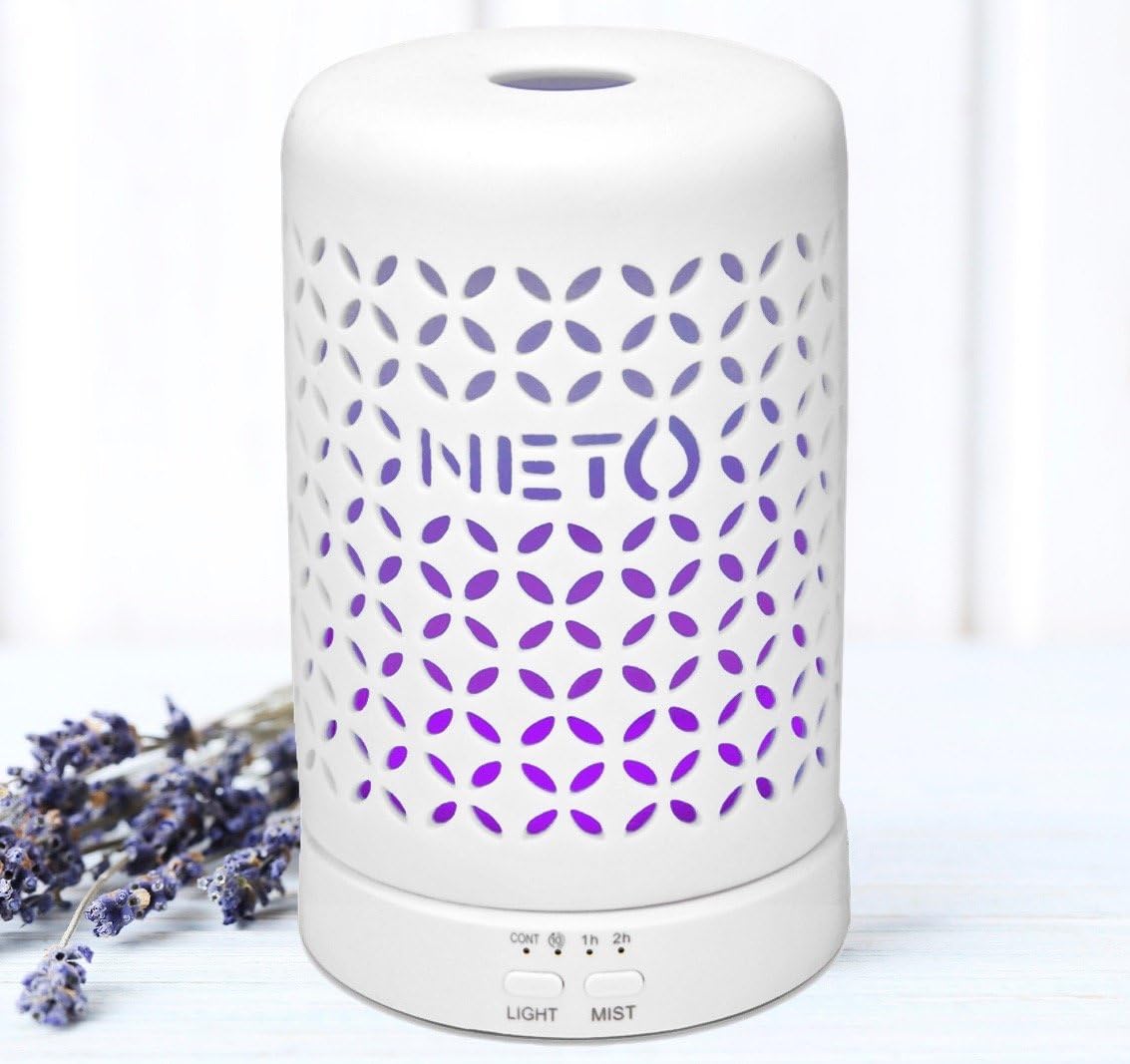 Neto Ceramic Electric Ultrasonic Aroma Diffuser for Essential Oils with 7 Color LED Light, Timer Settings, 120 ml
