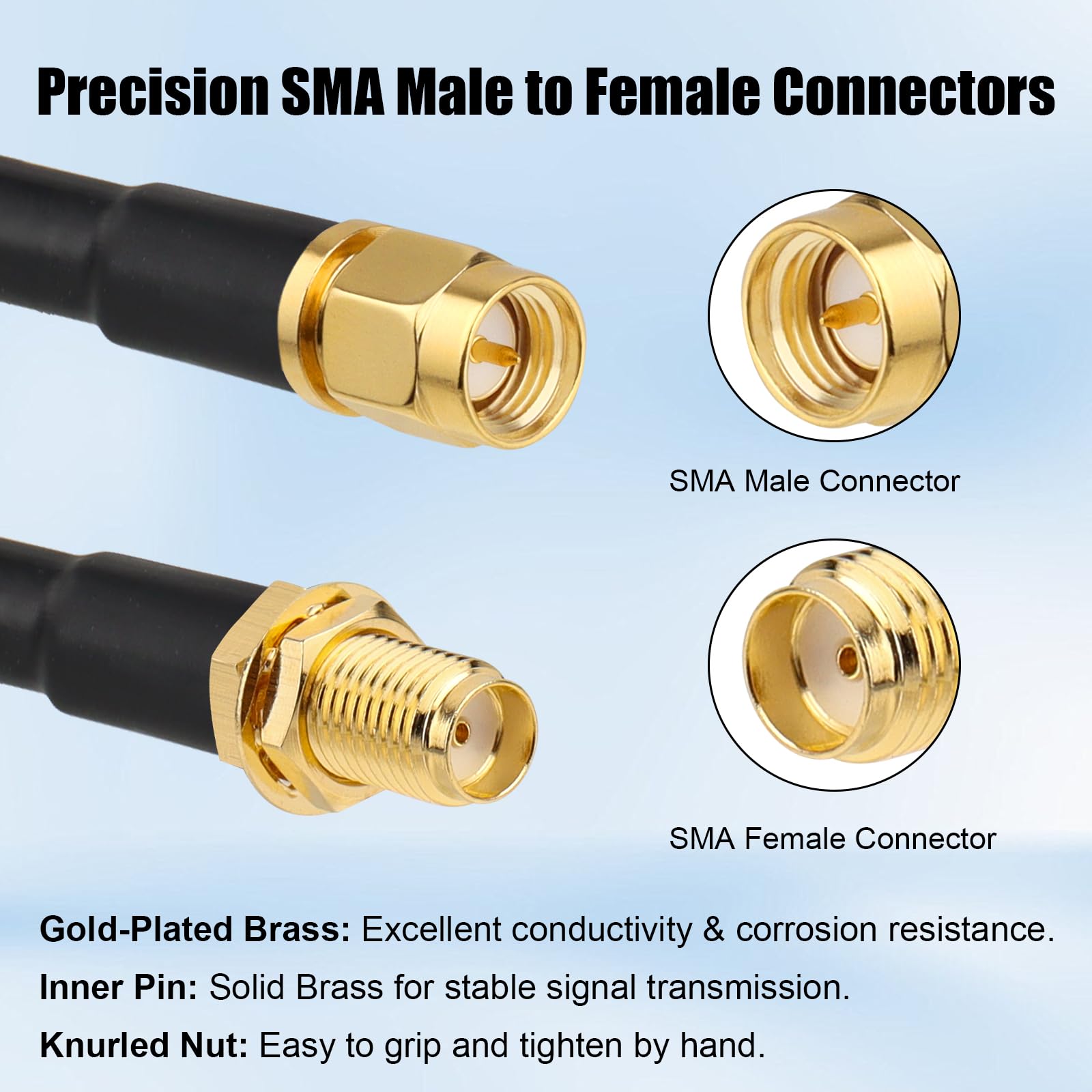 XRDS -RF RG8X - Cavo di prolunga SMA a bassa perdita da SMA maschio a SMA femmina, 50 Ohm, schermatura in rame intrecciato ad alta densità per antenna WiFi, router 4G 5G LTE, minatore di elio, radio
