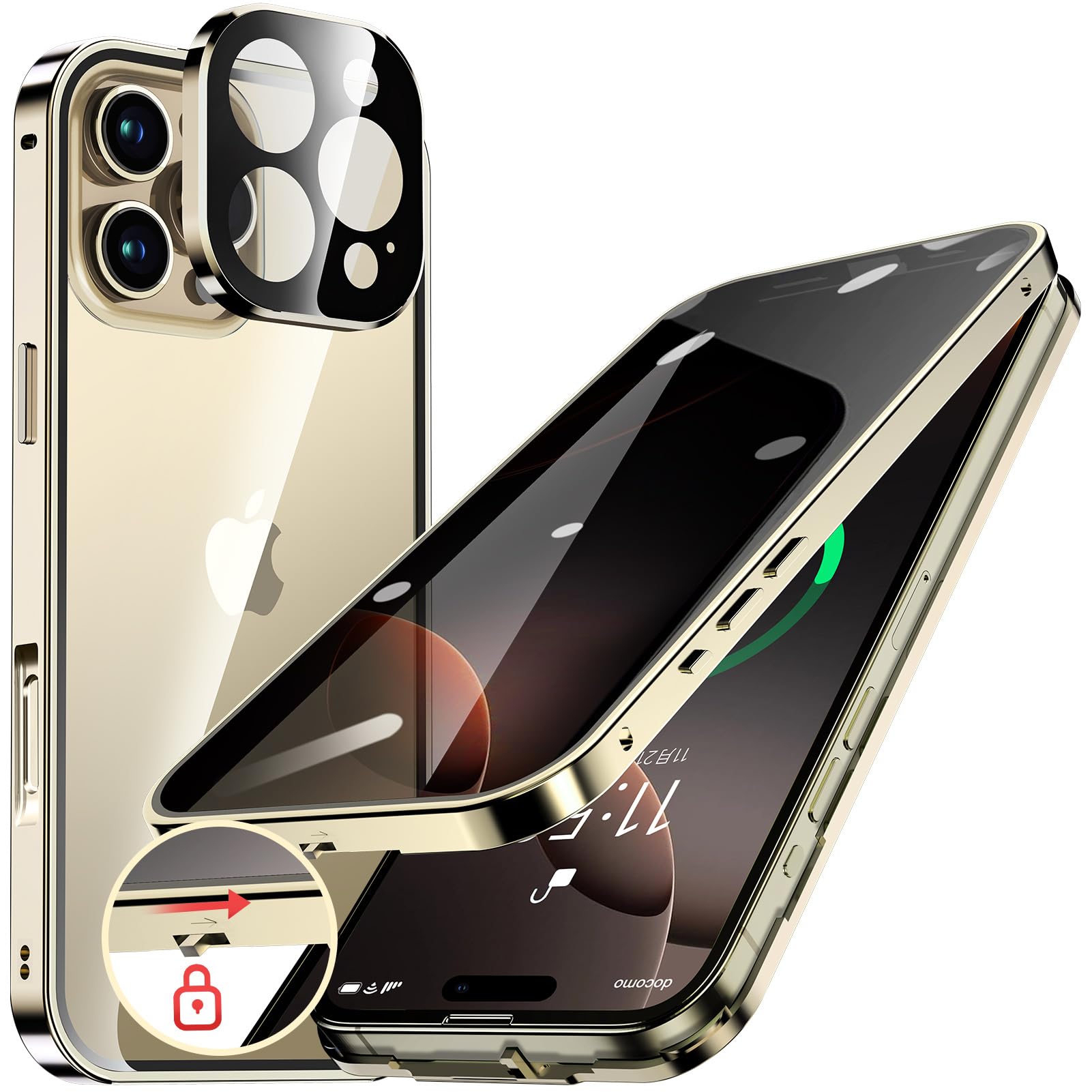 HGUTREY【覗き見防止・自動ポップアップボタン】iPhone16 Pro 用 ケース【ロック付き】ストラップホール付き (ゴールド)