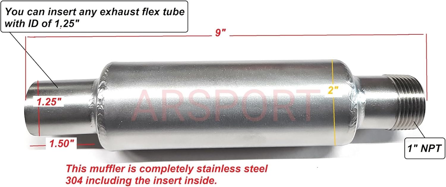 ARSPORT 1" NPT thread Muffler 304 Stainless Steel for Predator 301, 420, 459, GX240, GX270, GX390 Compatible with Exhaust Flex tubig, Generators, Engines between 9-20HP