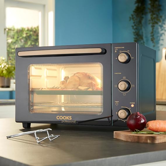 Cooks Professional Mini Portable Oven | Electric Countertop Cooker | 34L Capacity | Adjustable Temperature Control & Timer | 1500W | Includes Roasting Dish & Wire Rack | Black and Copper [Energy Class A++]
