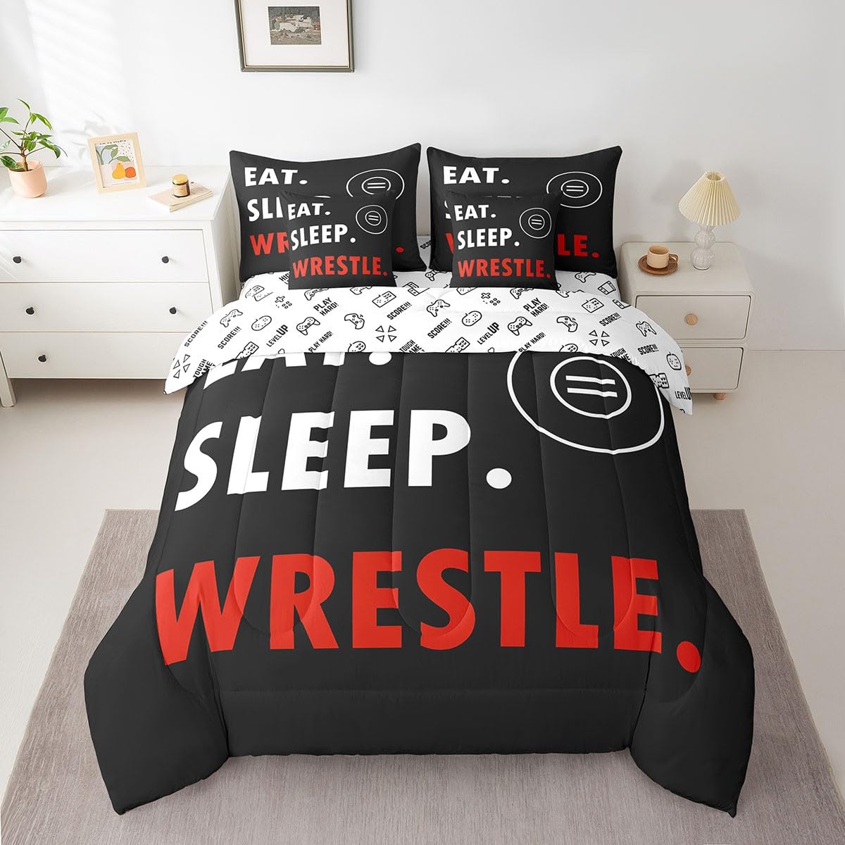 Wrestling Sports Kids Comforter Set 7 Piece Queen Size,Eat Sleep Wrestle Theme Sport Reversible Quilt Set,Wrestle Rodeo Black Red Bedding Set with Comforter,Sheet,Pillowcase