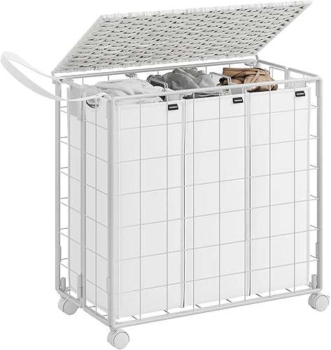 SONGMICS Cesta para la ropa sucia, cesta de lavandería de 130 litros con ruedas, cesta de ropa de 3 secciones con tapa de ratón, bolsa de forro