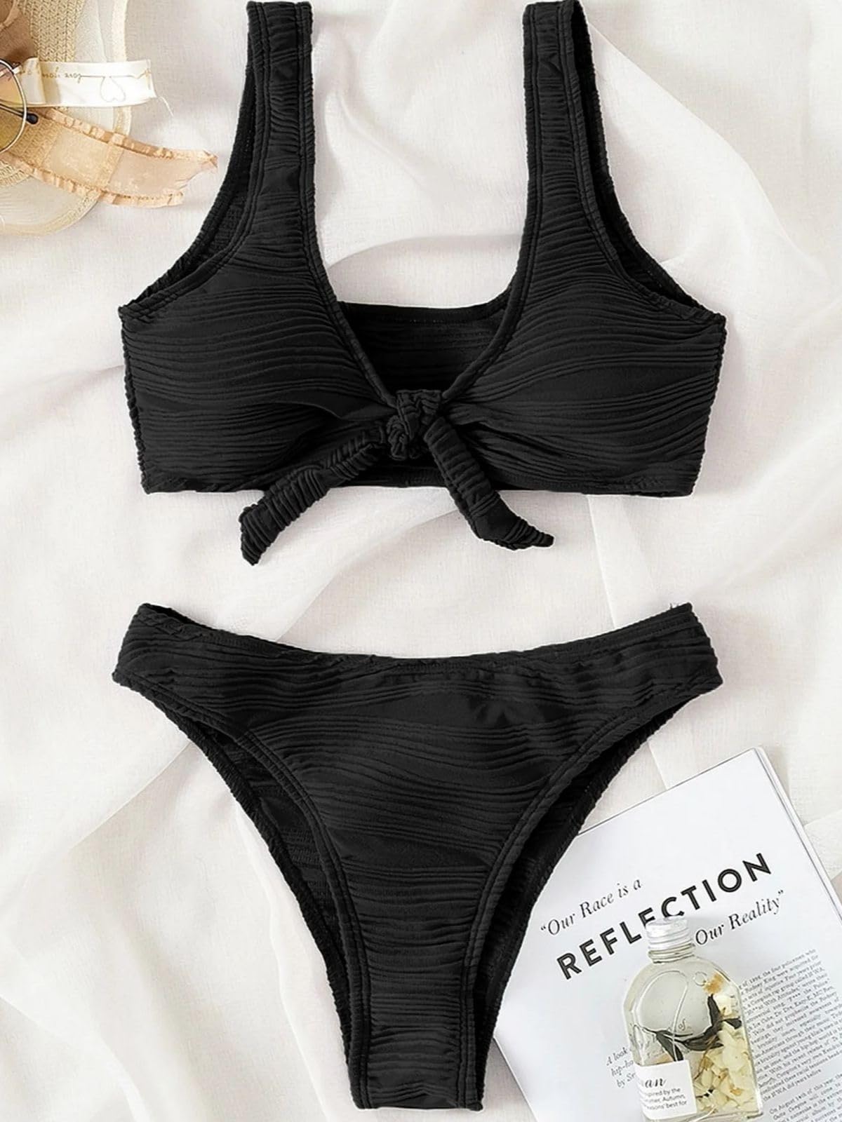 Bikini Damen Frauen Texturierte Knoten Vorne Set Hohen Schnitt Zwei Stück Bademode-Black-XL