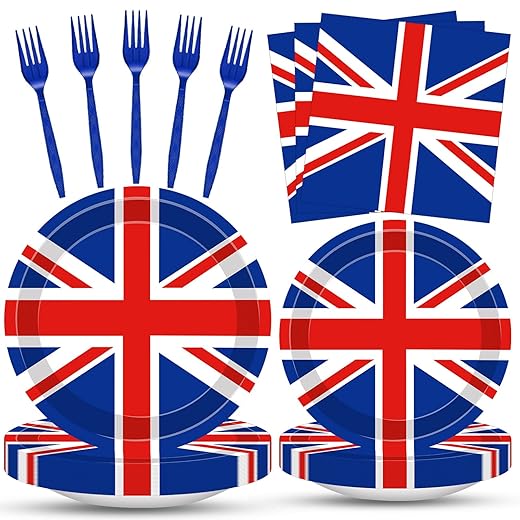 100 Pcs UK Flag Tableware – Serves 25, Disposable Union Jack Party Supplies Set, Includes Paper Plates, Napkins, and Plastic Forks for British Royal Events, UK Themed Table Decorations