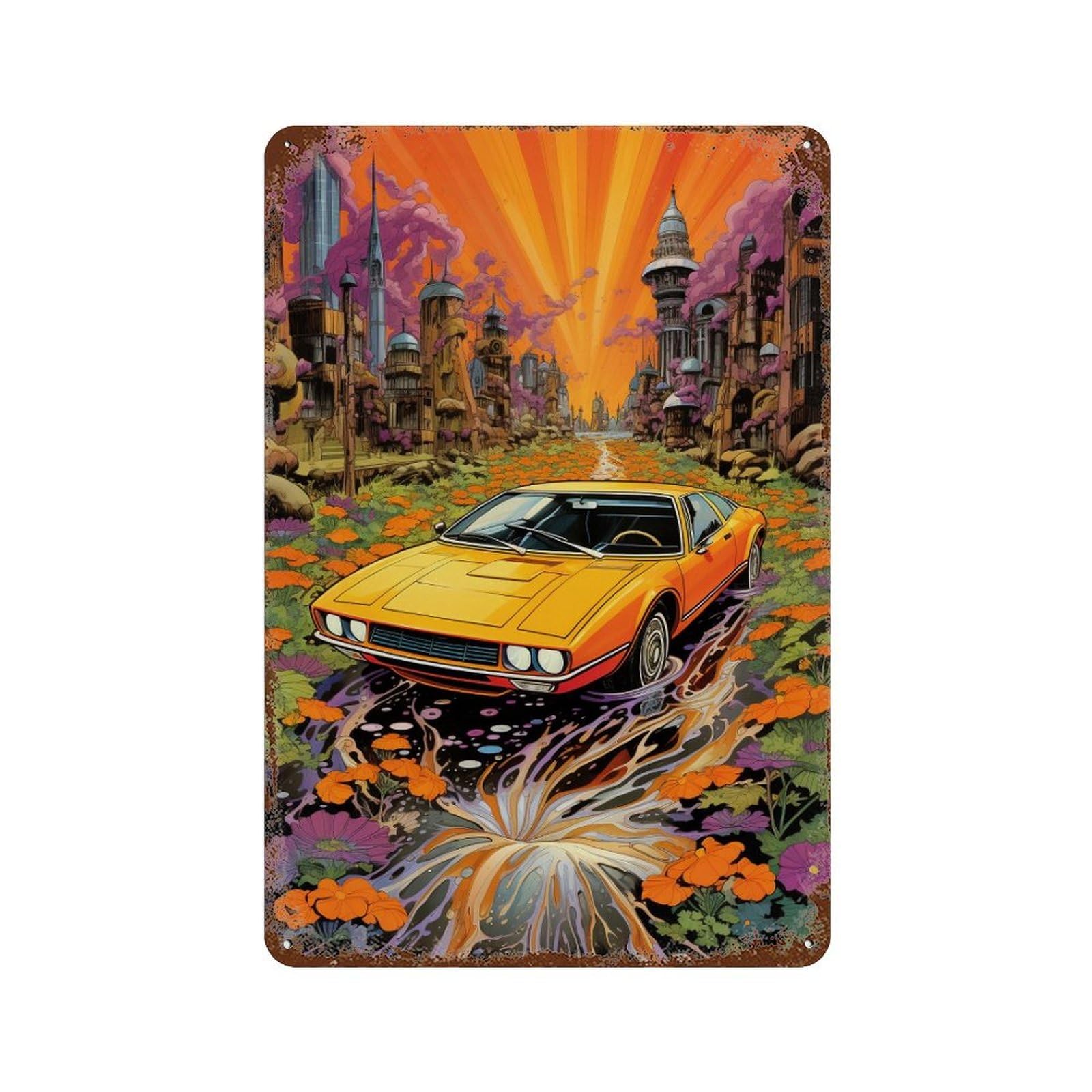 Cityscape with Retro Car Decorative Tin Sign 11.8"x7.9", Shabby Chic Decor for Garage, Pub Or Kitchen