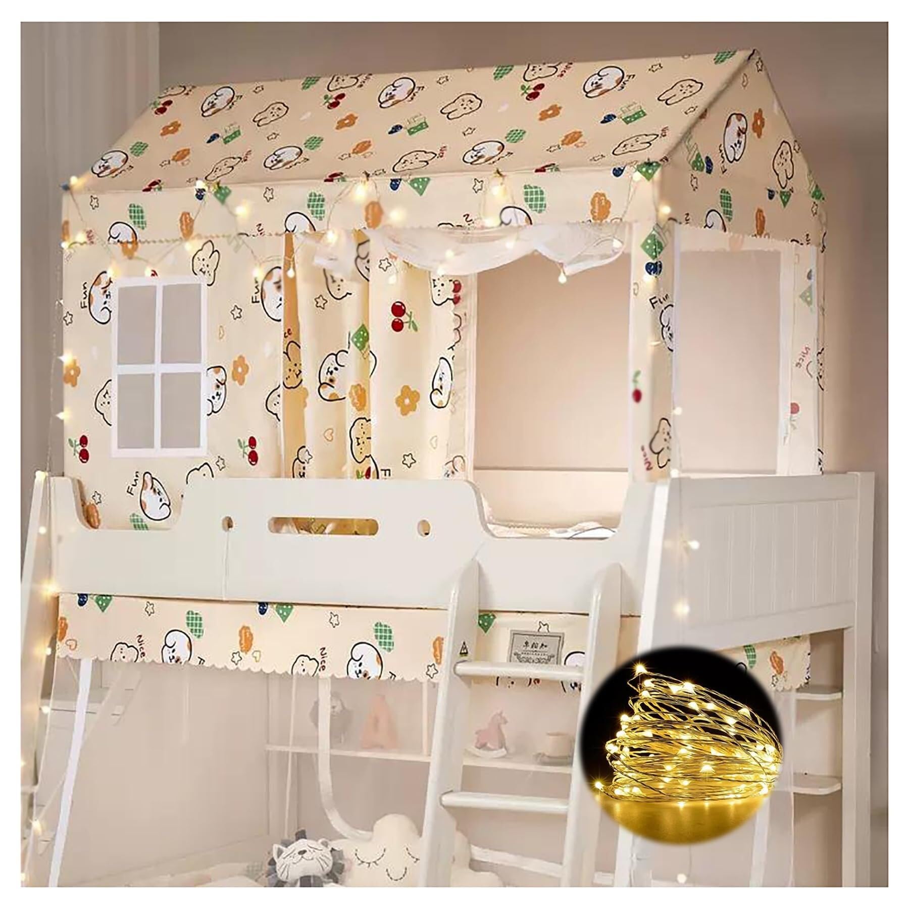 Twin Top Bunk Bed Tent Canopy with Frame,Beige - Bed Netting Canopy for Girls with Lights. Stainless Steel Canopy Bed Frame Curtains Elegant(Pink)
