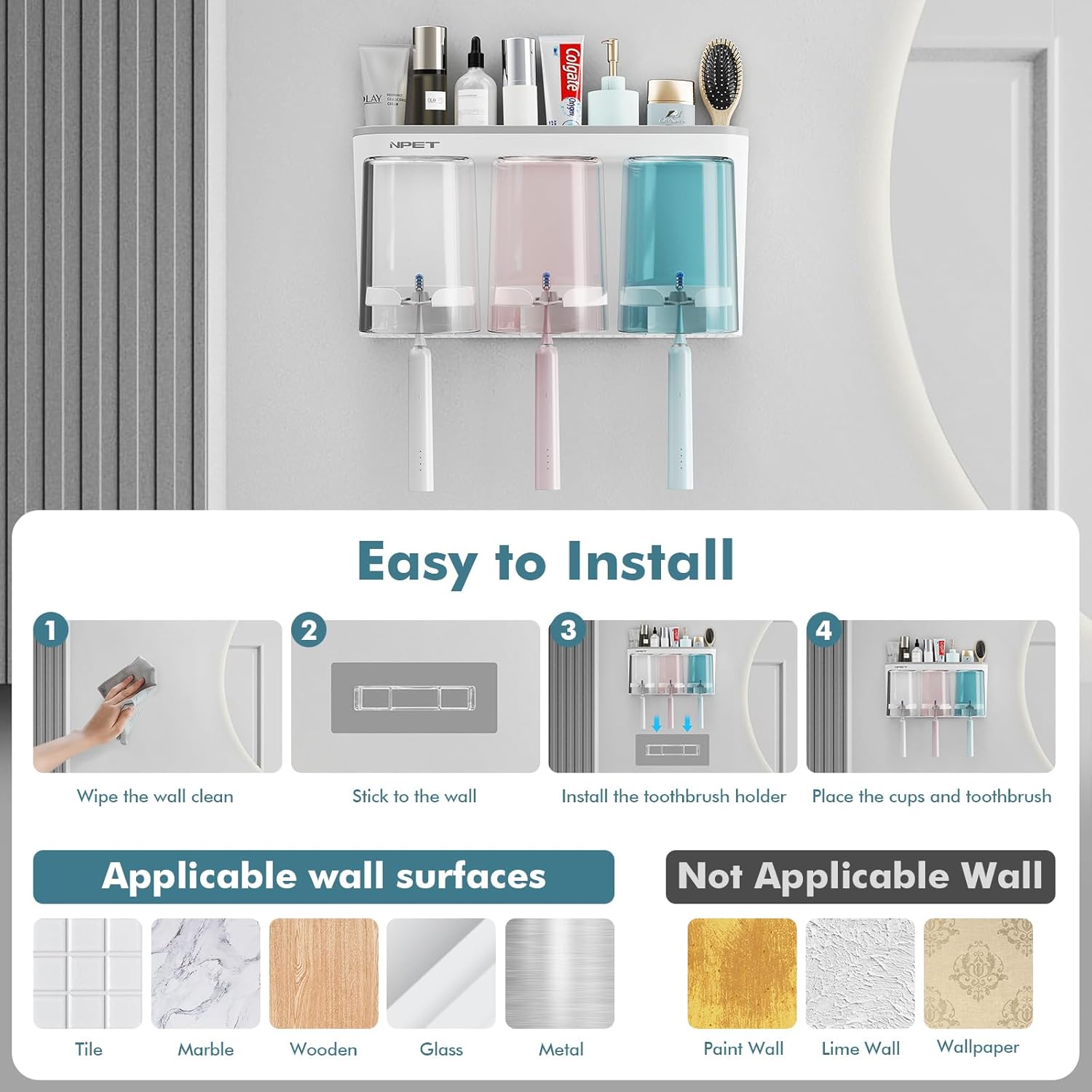 NPET Toothbrush Holder for Bathroom,3 Cups Toothbrush Holder Set Wall Mounted, Ideal Bathroom Accessories Organization - Image 6