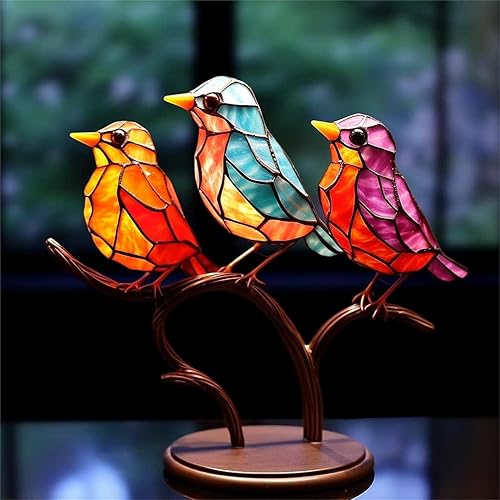Miniatura 9 de Adornos de escritorio de pájaros en rama, acrílico manchado de doble cara, estatua multicolor de colibrí, escultura de pájaro de arte de metal,