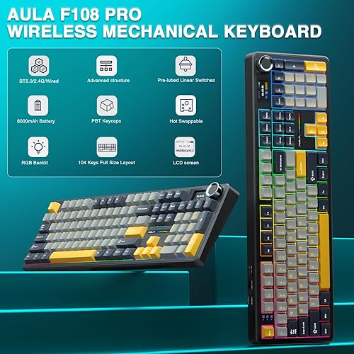 Miniatura 2 de AULA F108 PRO - Teclado mecánico inalámbrico con pantalla y perilla, teclado para juegos intercambiable en caliente con batería de 8000 mAh