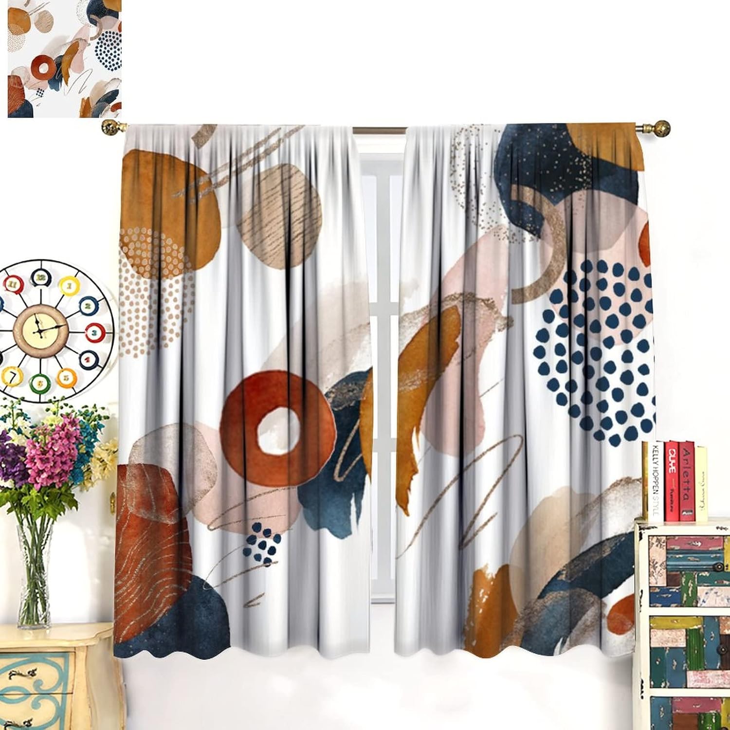 Abstract Mid Century Art Rod Pocket Blackout Curtains for Bedroom - Modern Bohemian Geometric Leaves Floral Plant Window Treatment,Thermal Insulated Room Darkening Curtains 2 Panels 45L x 21W