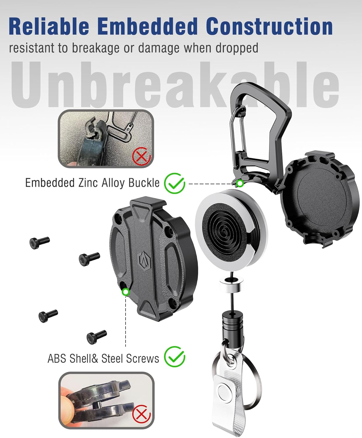 2Pack Heavy Duty Retractable Keychain, Unbreakable Embedded Body with 30.5" Dyneema Cord, Tactical ID Badge Holder Reel Carabiner Clip with Secure Magnetic Closure for Men, Holds 25oz - Image 2