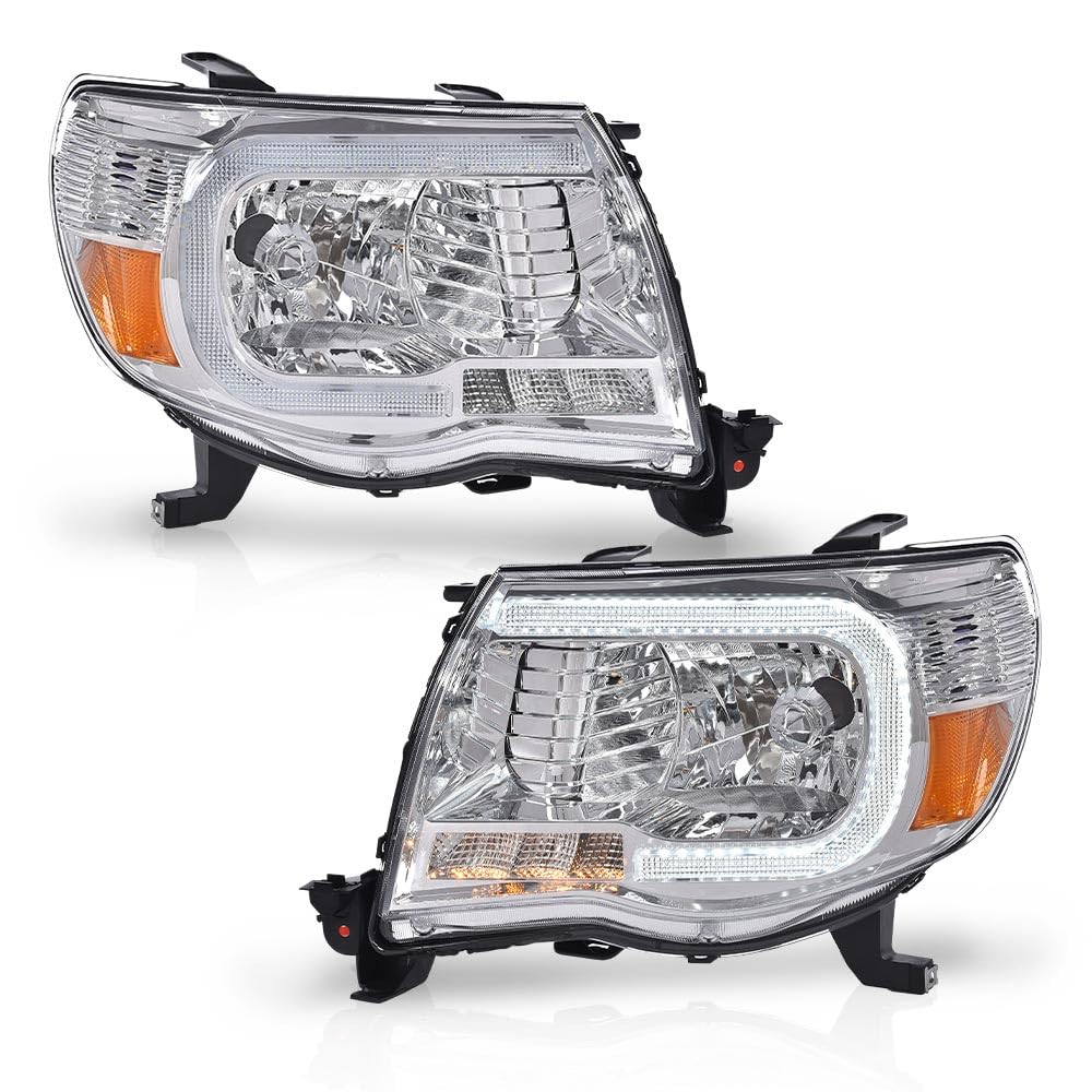 PIT66 LED Tube Projector Headlights Headlamps W/O Bulbs Compatible with Toyota Tacoma 2005-2011 8115004163, 8111004163, 8115004173, TO2502157, TO2503157, Clear Lens Chrome Housing Amber Reflector