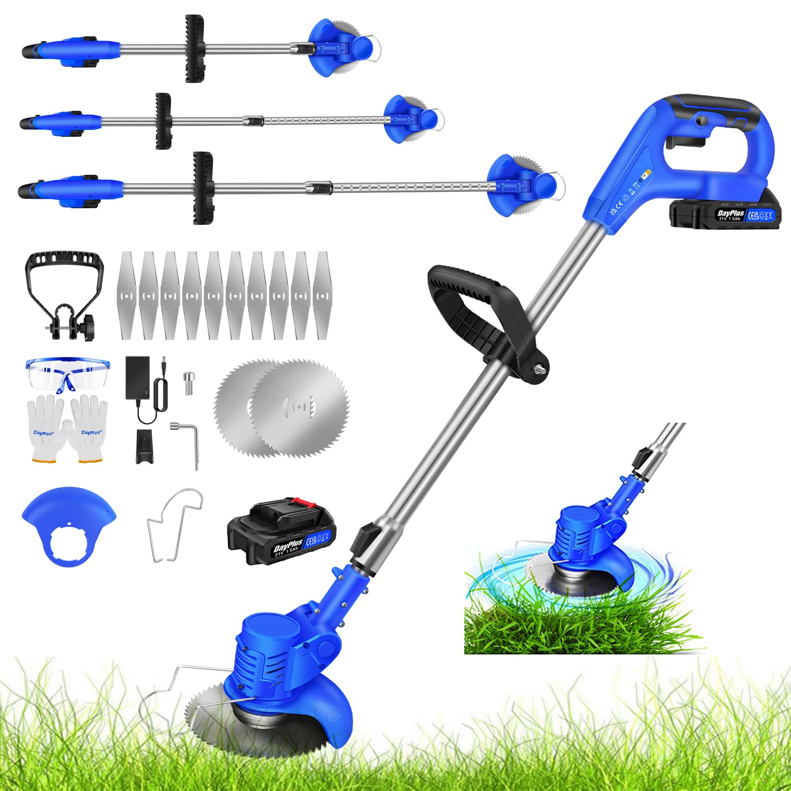 Portable Garden Strimmers Electric Bush Cutter with 2 Types Blades, Handheld Weed Trimmer with Wheel Edge Guide, Extendable Length, 1 * 1500mAh Charger & Batteries Included, for Garden Lawn