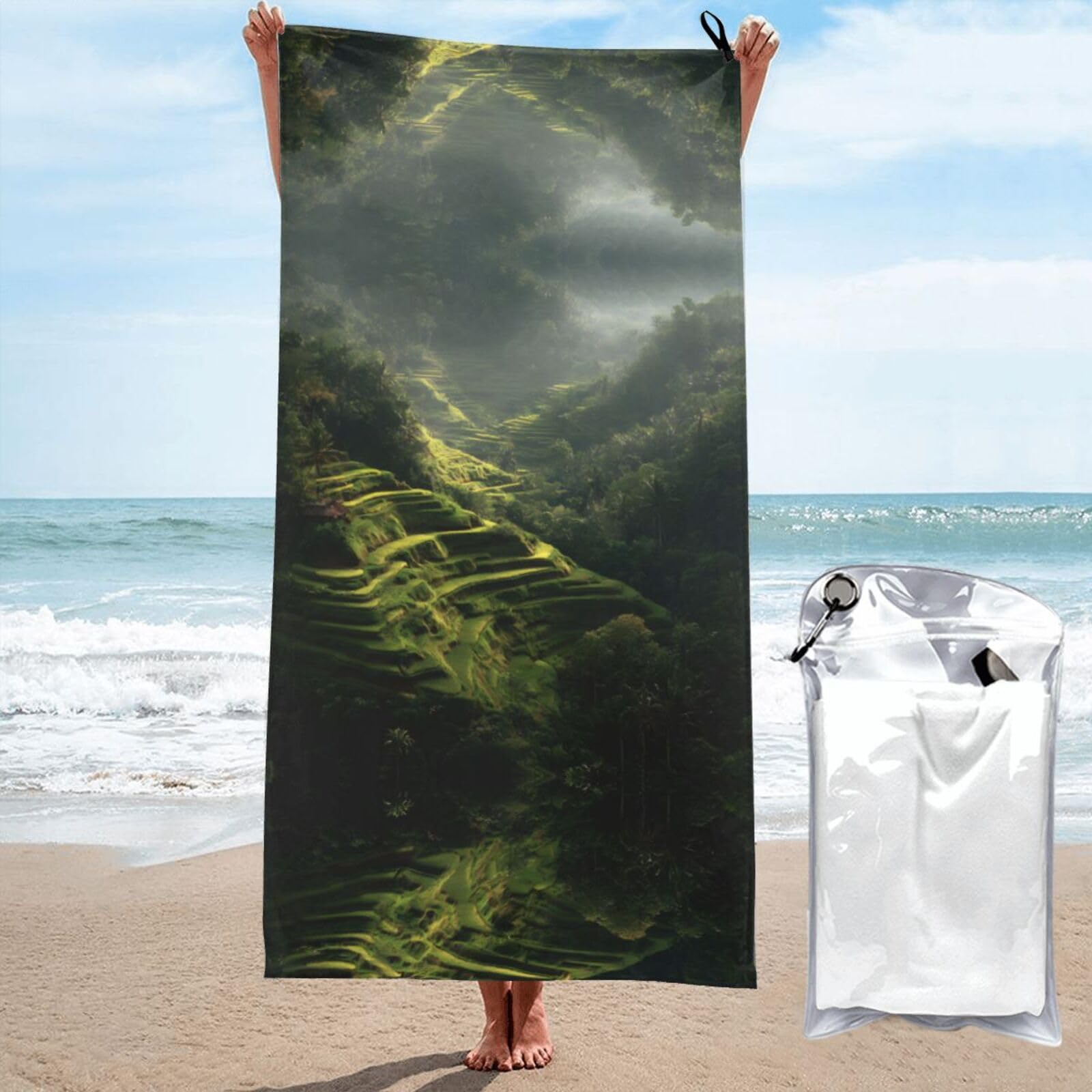 ESNAIUVCD Terraced Fields In Bali Print Beach Towel, Microfibre Sauna Towel, Quick-Drying Fitness Towel, Lightweight And Thin Portable Sauna Towel
