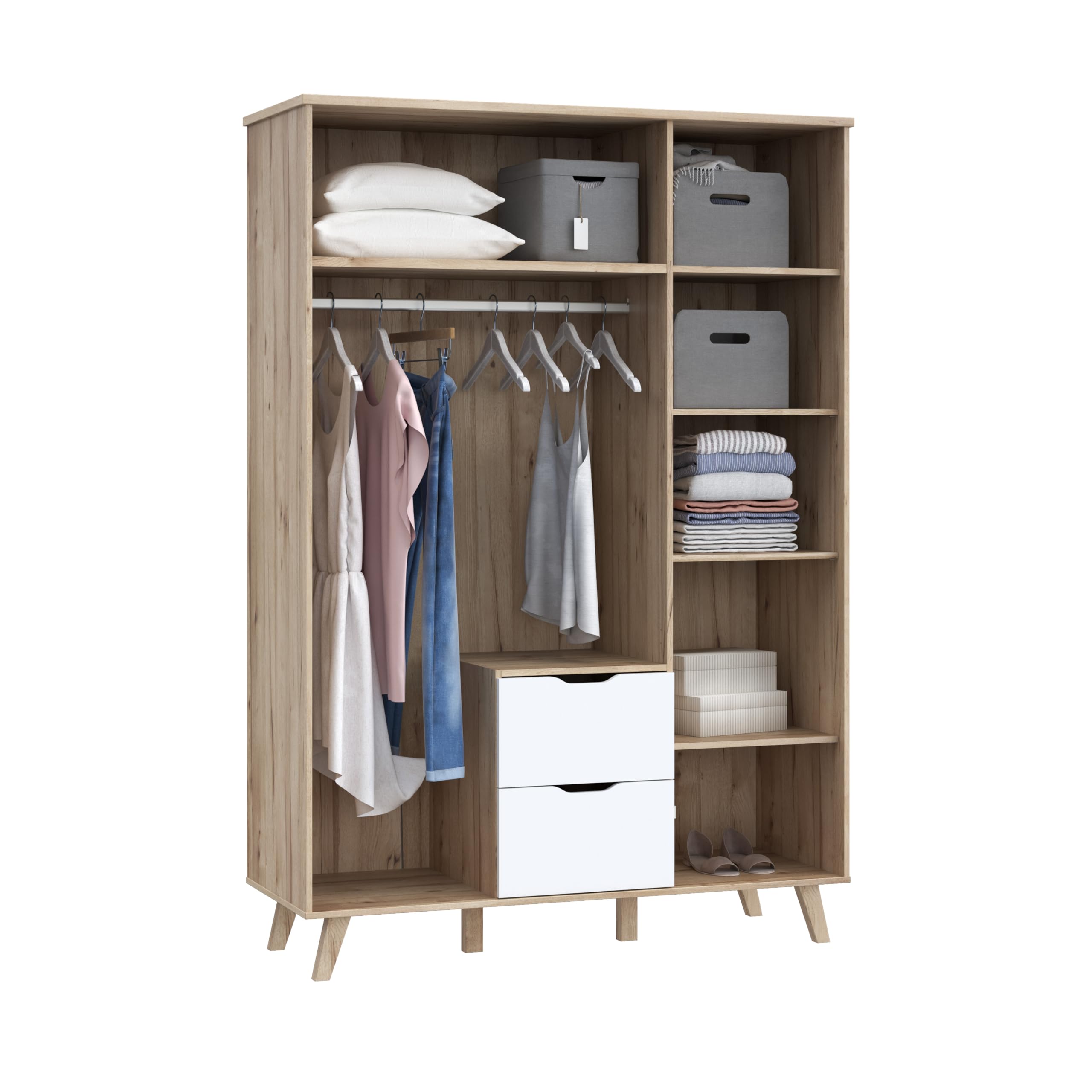 FORTE VANKKA Schrank 140, Kleiderschrank 2 Schubladen, Drehtürenschrank Skandinavisch, Schlafzimmerschrank Kinderzimmerschrank 3-türig Planked Eiche/Weiß, 139 cm breit x 201.5 cm hoch x 53 cm tief