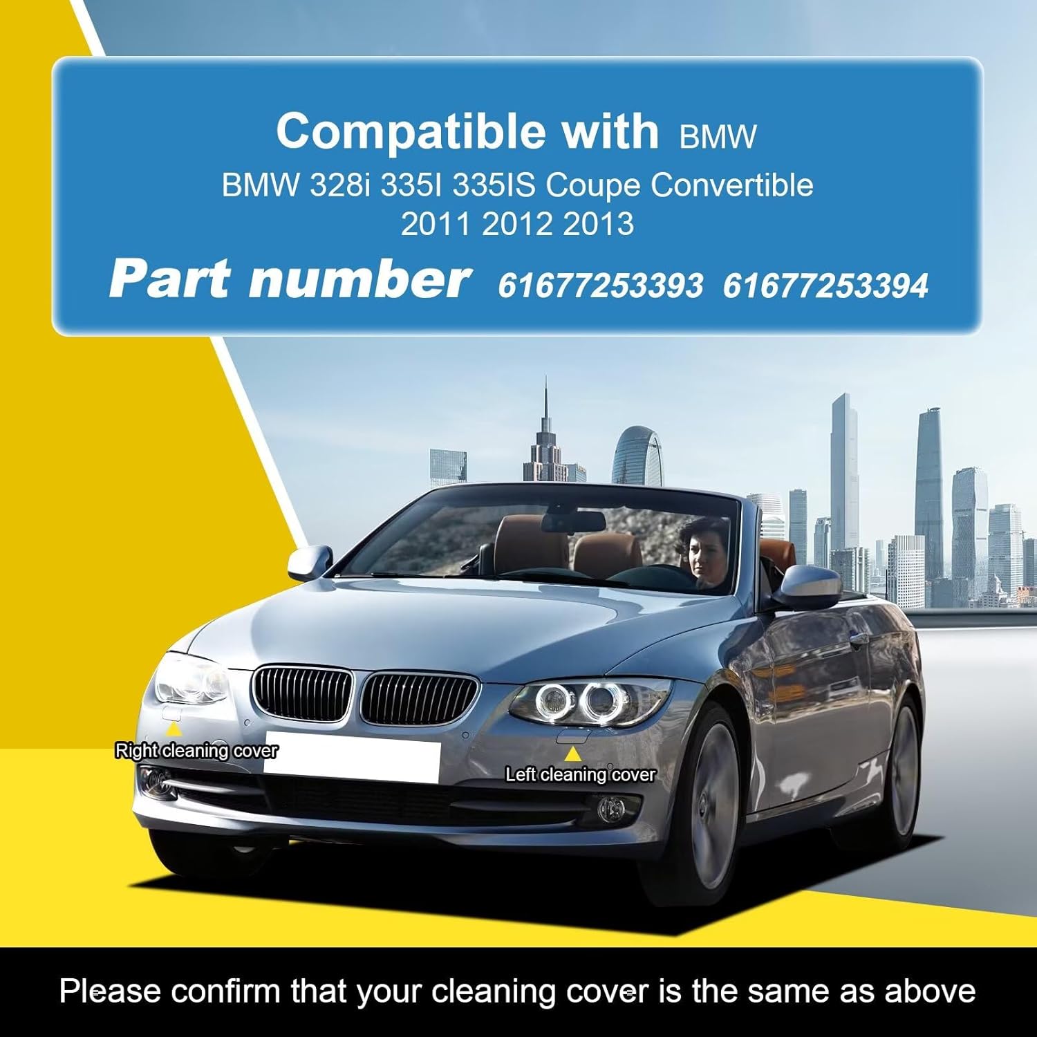 Car Front Bumper Headlight Washer Cover Compatible with BMW 328i 3351 335lS Coupe Convertible 2011-2013 Headlight Washer Nozzles Cover 61677253393 61677253394 Water Spray Cover Black Right