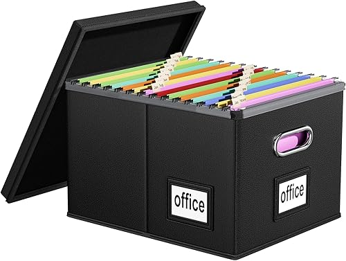 Huolewa Cajas organizadoras de archivos de cuero portátiles con tapas, cajas de almacenamiento plegables de lino con tobogán de plástico, cajas