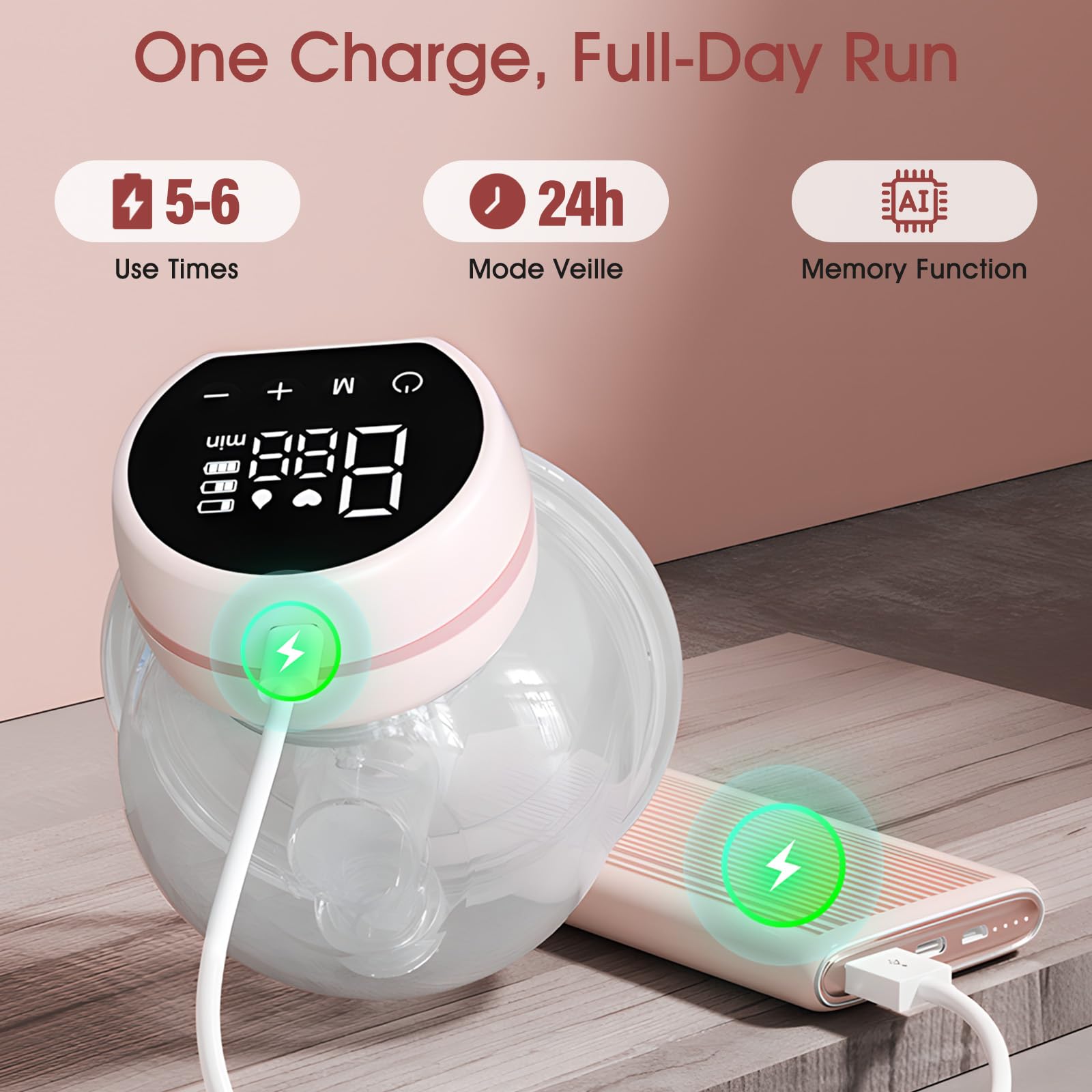 Tiralatte Elettrico a Mani Libere, Tiralatte Indossabile Portatile con 3 Modalità, 9 Livelli e Display LED Intelligente, BPA Free, Forte Potenza di Aspirazione, 1 Pezzo, Rosa