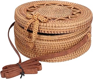 Bolsa de vime feita à mão, bolsa de ombro feminina redonda elegante tecida à mão com alça de couro, bolsa de vime redonda portátil tecida à mão para viagens diárias de praia(Cutout star is lined)