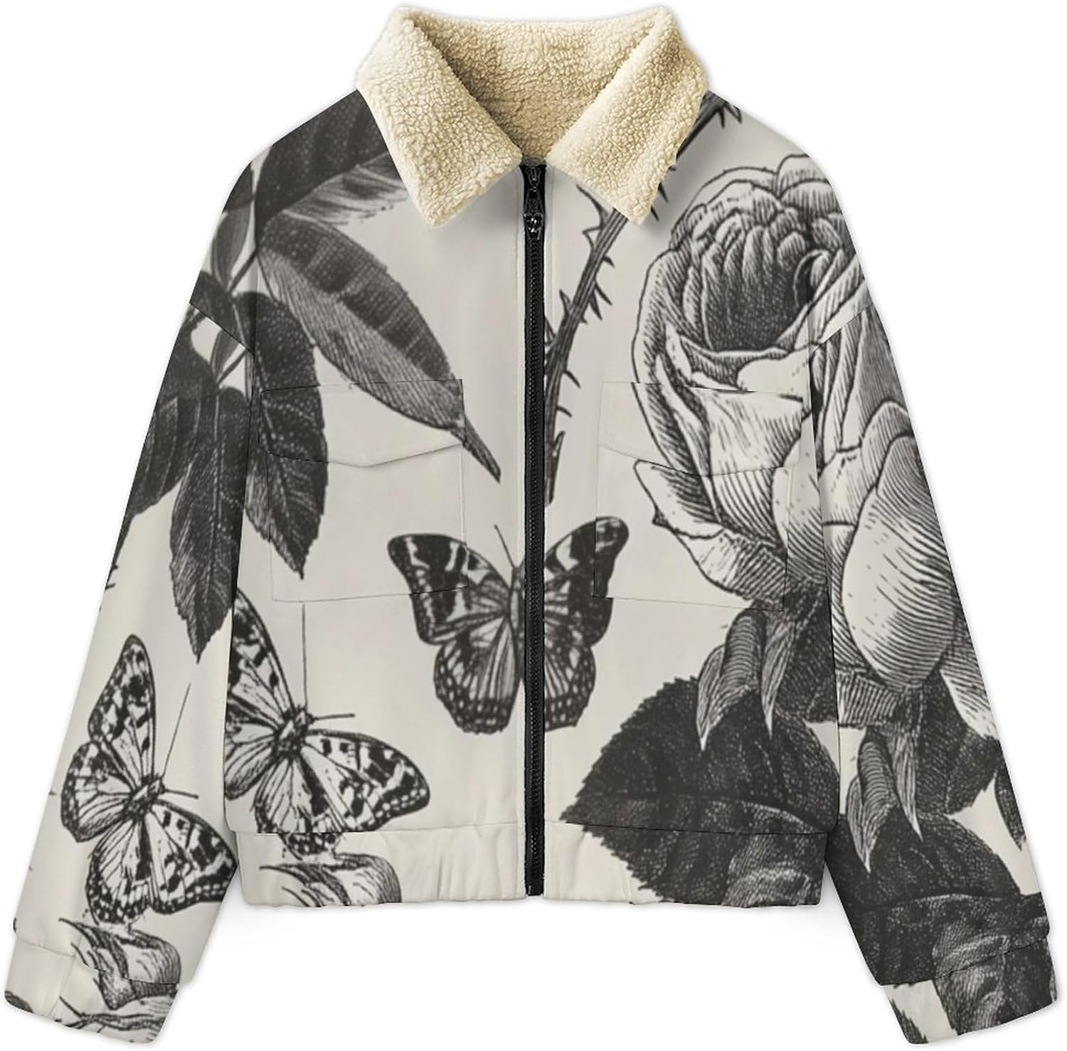 Women's Full Zip Polar Fleece Jacket, Butterflies flowers Printed Outdoor Coat, Long Sleeve Comfortable Outerwear