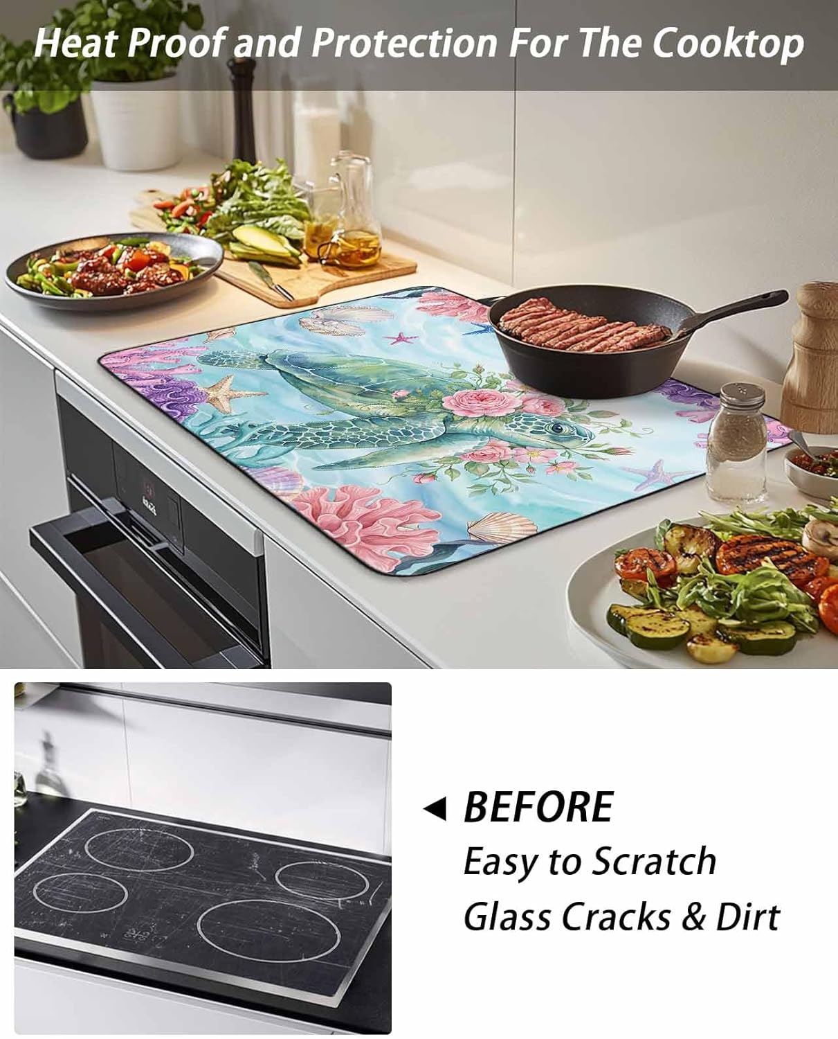 Stove Top Cover Floral Sea Turtle Stove Cover for Electric Stove Top Starfish Shell Coral Teal Green Glass Cooktop Covers Anti-Slip Mat Heat Resistant Countertop Protector Kitchen Decor 28.5"x20.5"