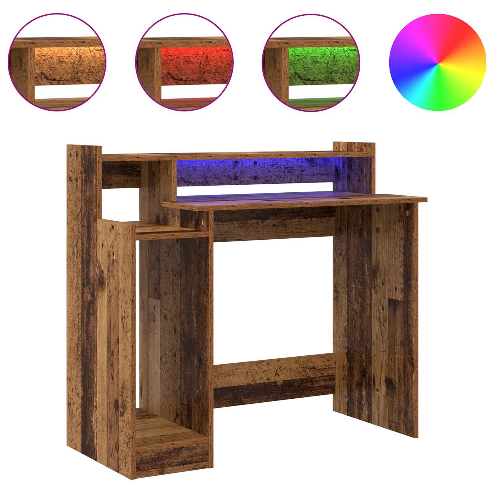 Scrivania con LED, effetto legno anticato, 97 x 45 x 90 cm, per home office, postazione di lavoro con alimentazione USB e 3 ripiani, per laptop e ordine