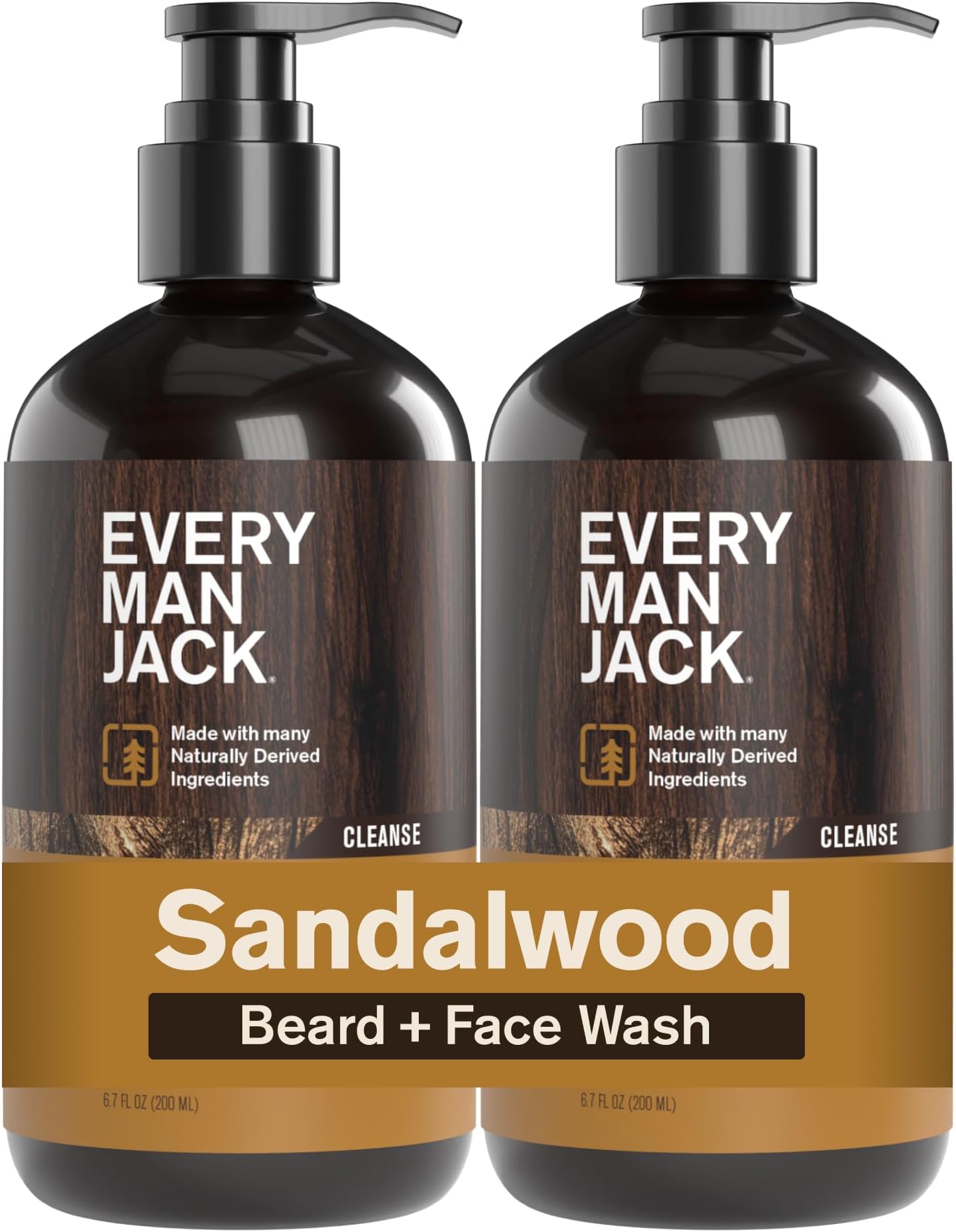 Every Man Jack Beard + Face Wash - Sandalwood Scent - Gently cleanse skin and soften beard - Made with Glycerin and Aloe - 6.7 fl. oz (2 Pack)