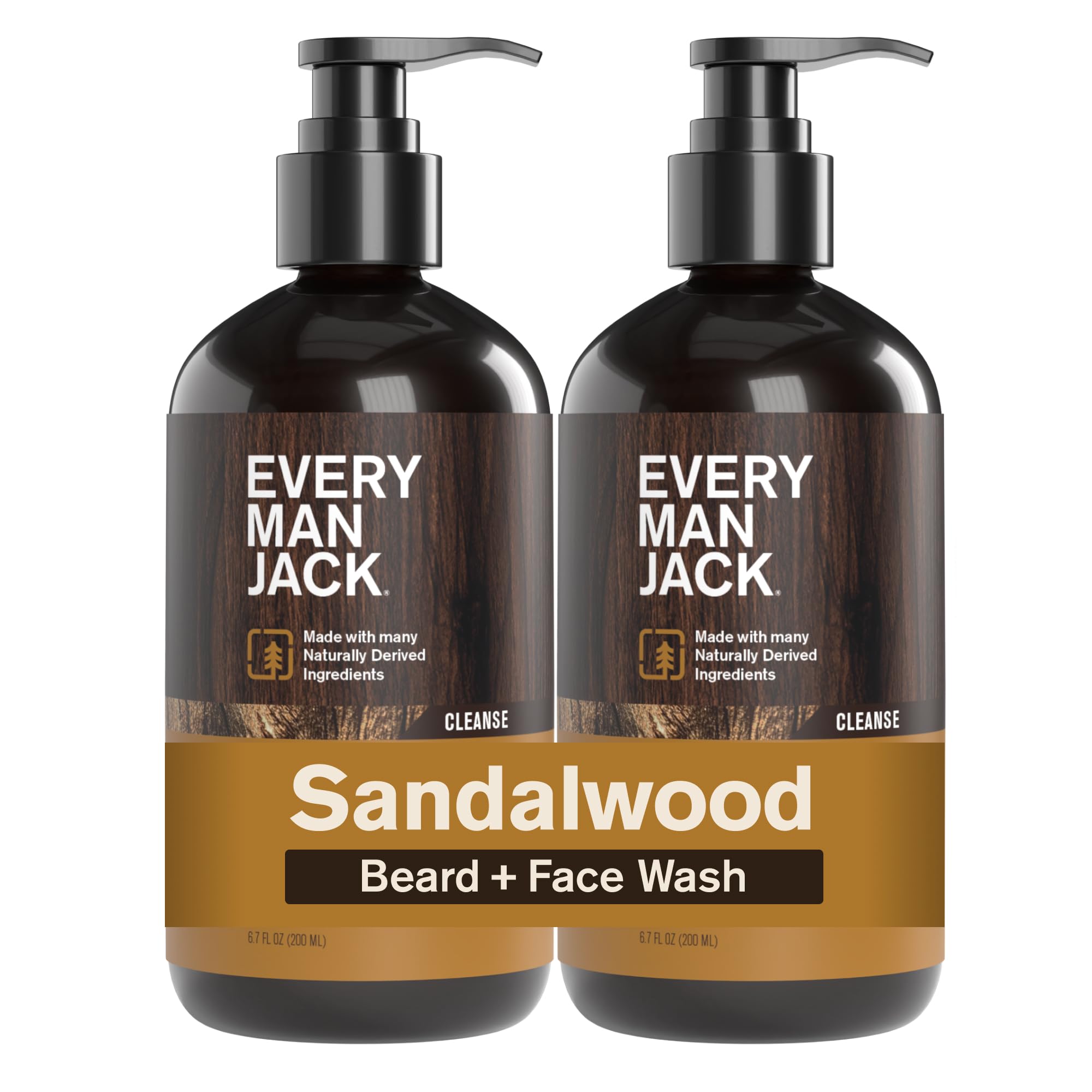Every Man Jack Sandalwood Beard Wash - Cleanse, Soften, and Hydrate for a Healthier Beard - Made w/Naturally Derived Ingredients like Aloe Vera and Coconut - 6.7 oz - 2 Pack