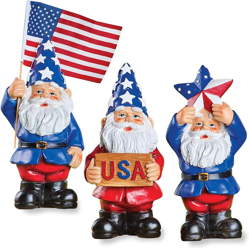 American Pride Uncle Sam Garden Gnome Set, Set of 3 - Lawn & Garden Seasonal 4th of July Decor - Resin - 3.5" L x 3.5" W x 9" H
