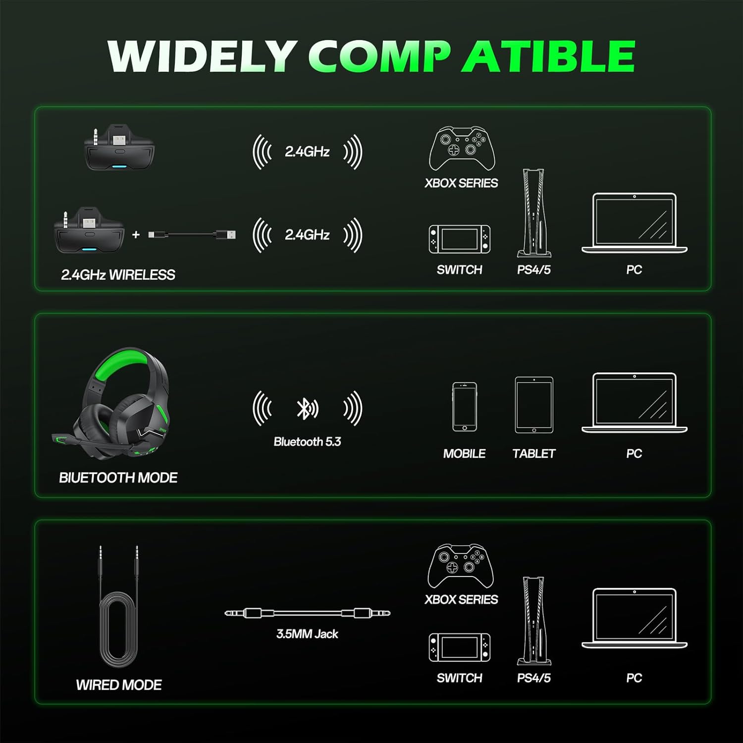 BINNUNE Wireless Gaming Headset for Xbox Series X/S, Xbox One, PS5, 120H Ultra-Long Battery, Bluetooth 5.3 Gaming Headphones with Noise-Canceling Mic, Comfortable Over-Ear Headphones,Green - Image 7