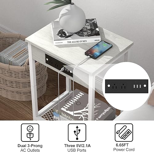 Miniatura 4 de Juego de 2 mesitas de noche con estación de carga mesa auxiliar blanca con puertos USB y tomas de corriente alterna mesita de noche moderna de