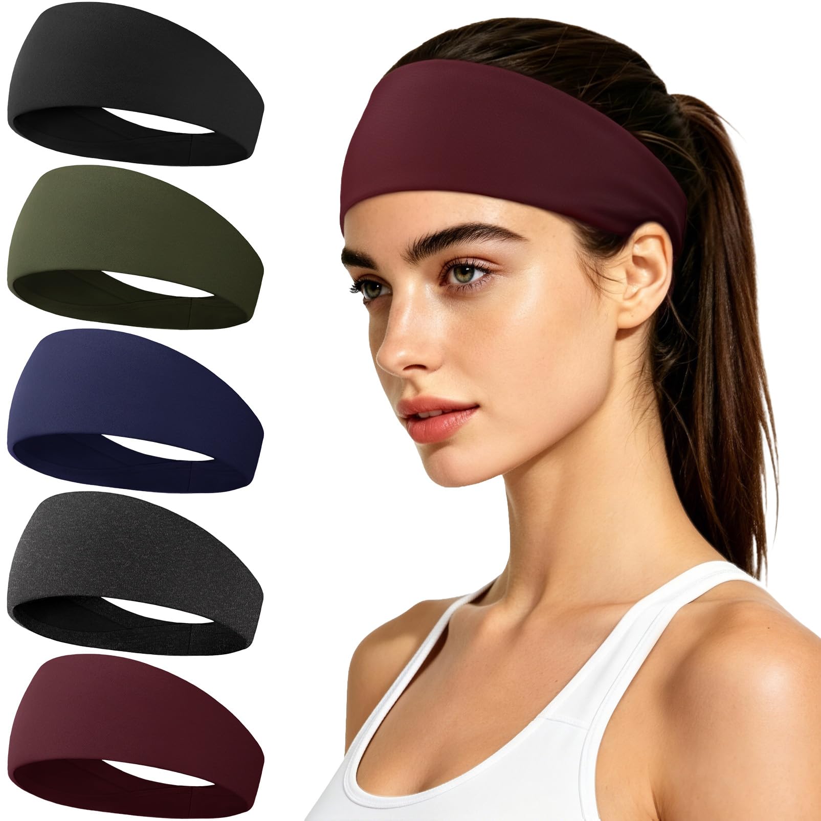 CYPERROCK 5 Pack Running Headbands, Workout Sweat Band Moisture Wicking Sports Headband for Men/Women Black+Green+Dark Blue+Heather Gray+Burgundy-image-44