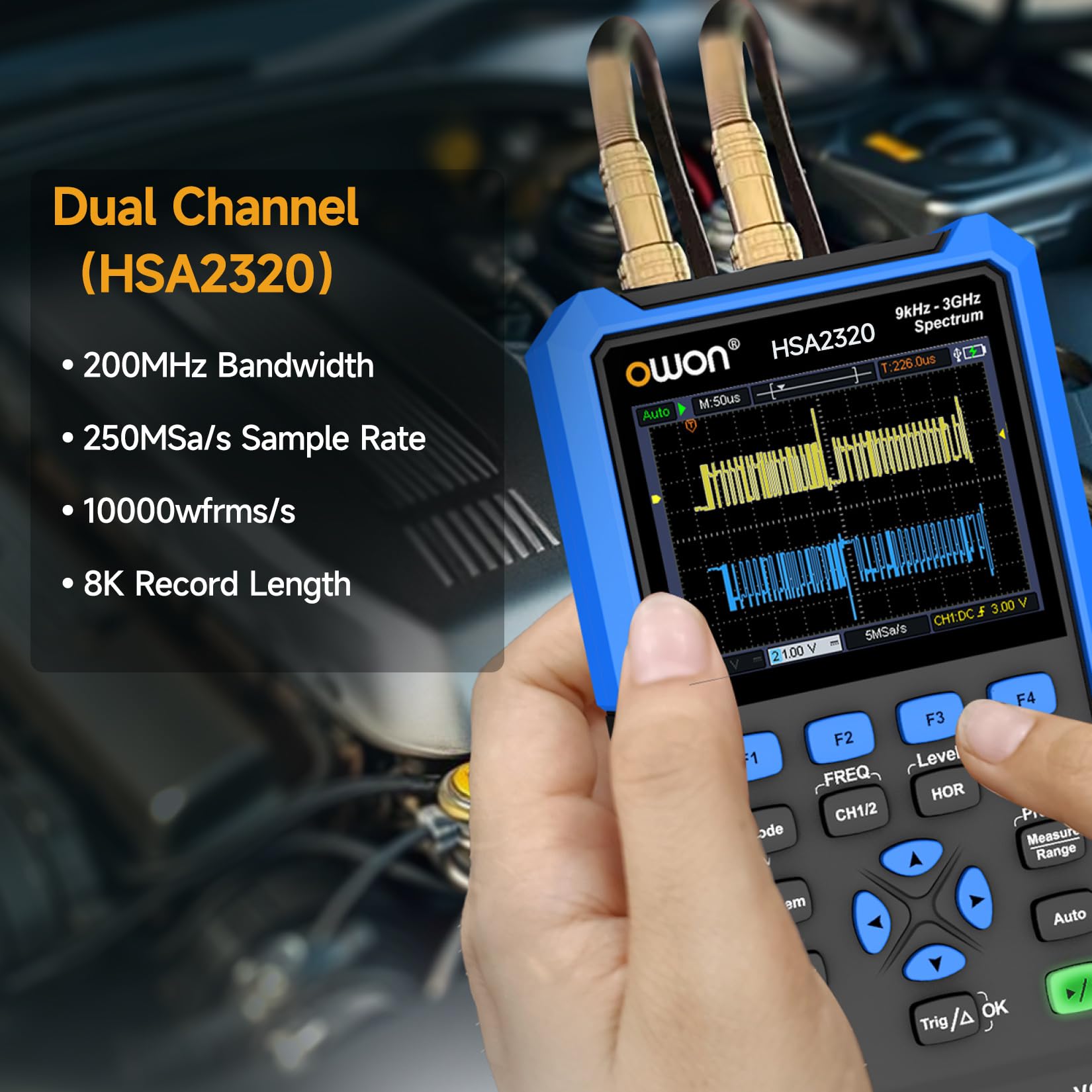 OWON Handheld-Spektrumanalysator mit Oszilloskop und Multimetern, Frequenzbereich 9 kHz bis 3 GHz, mit 3,5-Zoll-LCD-Bildschirmanzeige, 200 MHz Bandbreite, HSA2320