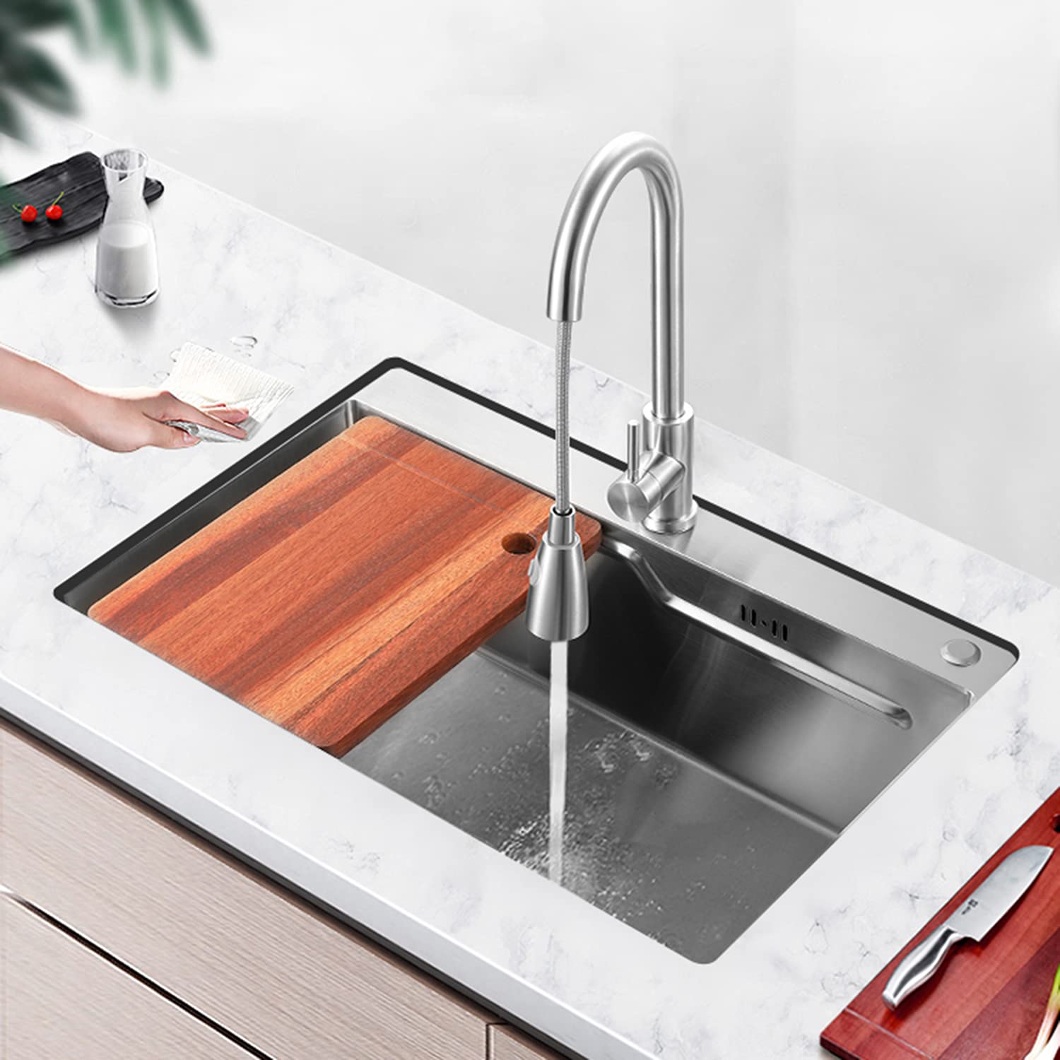 Lavello da cucina, lavello rettangolare in acciaio inossidabile, lavello singolo da incasso per uso domestico, rubinetto per lavello a discesa (B 72 x 45 x 22 cm)