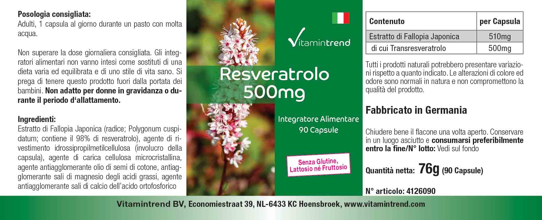 Vitamintrend Resvératrol 500 mg, 90 gélules d'extrait de renouée, hautement dosé, complément alimentaire végan sans stéarate de magnésium, fabriqué en Allemagne