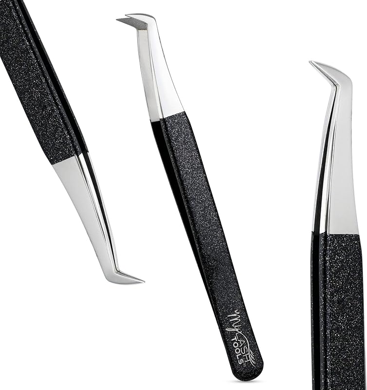 Pinça para extensão de cílios My Lash Tools com ponta Fiber Tip Mega Boot, aço inoxidável, cabo antiderrapante, 12 cm, preta